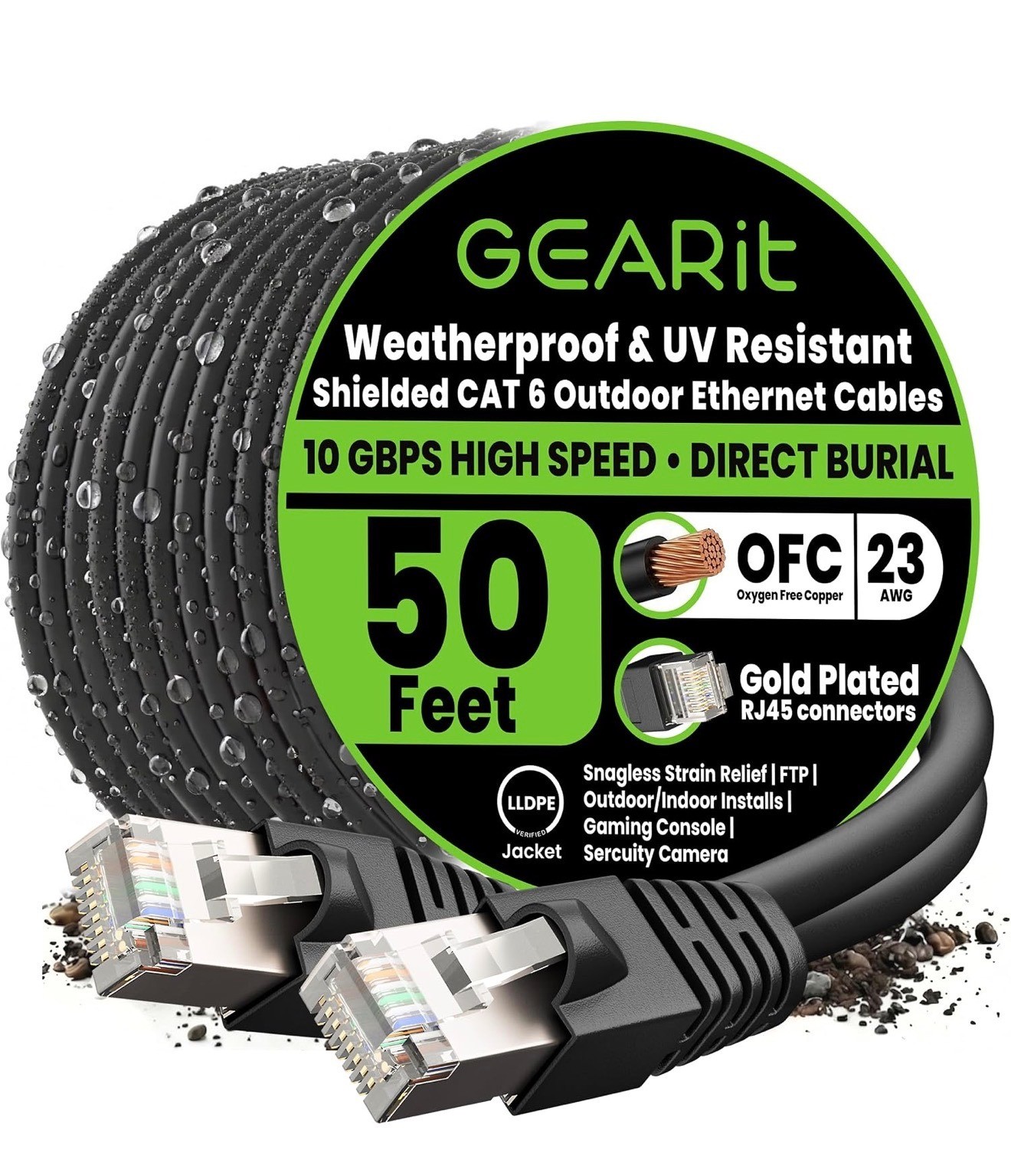 GEARit Cat6 Outdoor Ethernet Cable 50FT 550MHz Direct Burial CCA Black RJ45