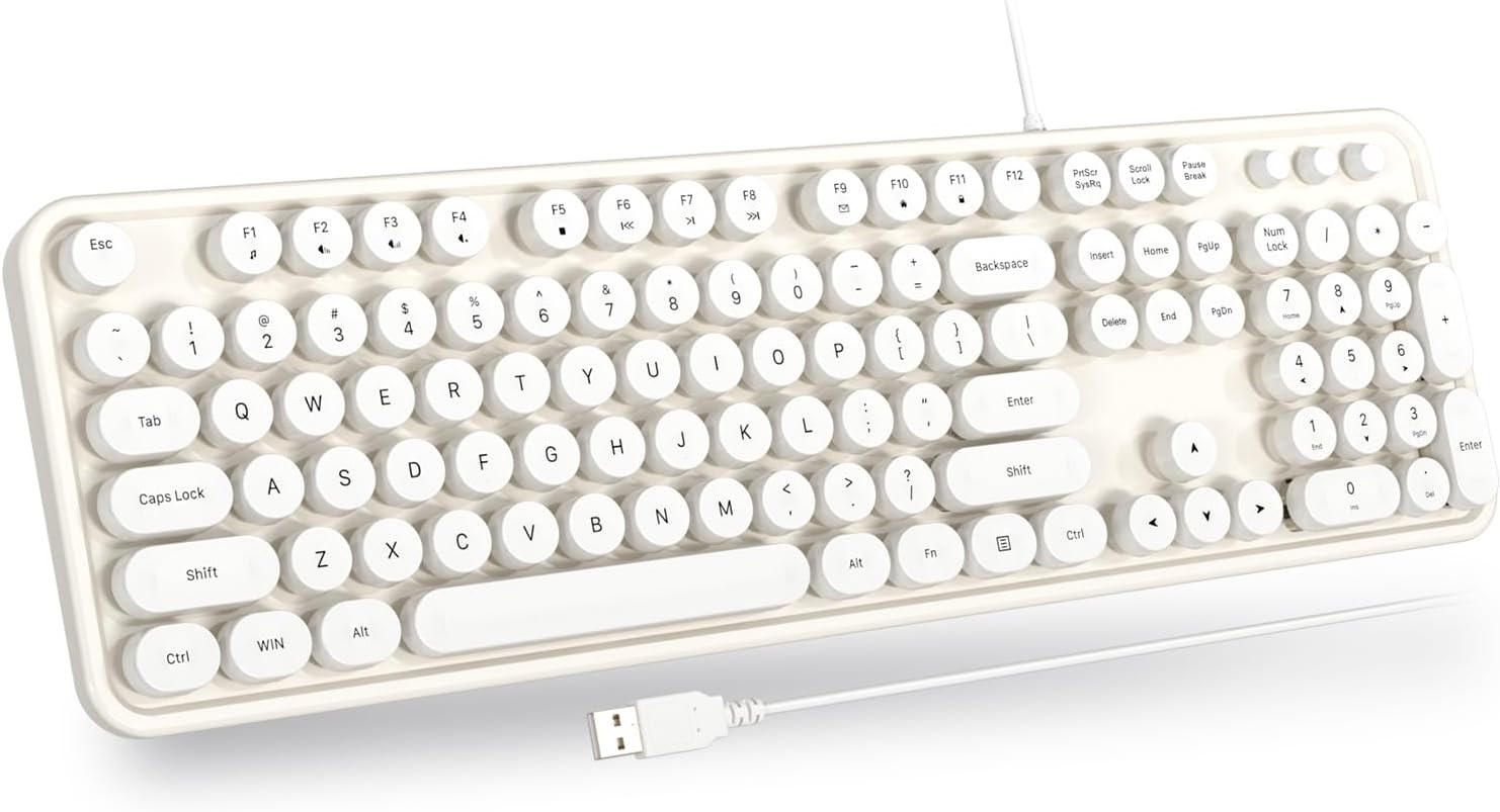 USB Wired Computer Keyboard - Retro Typewriter Keyboard - Full Size Keyboard wit