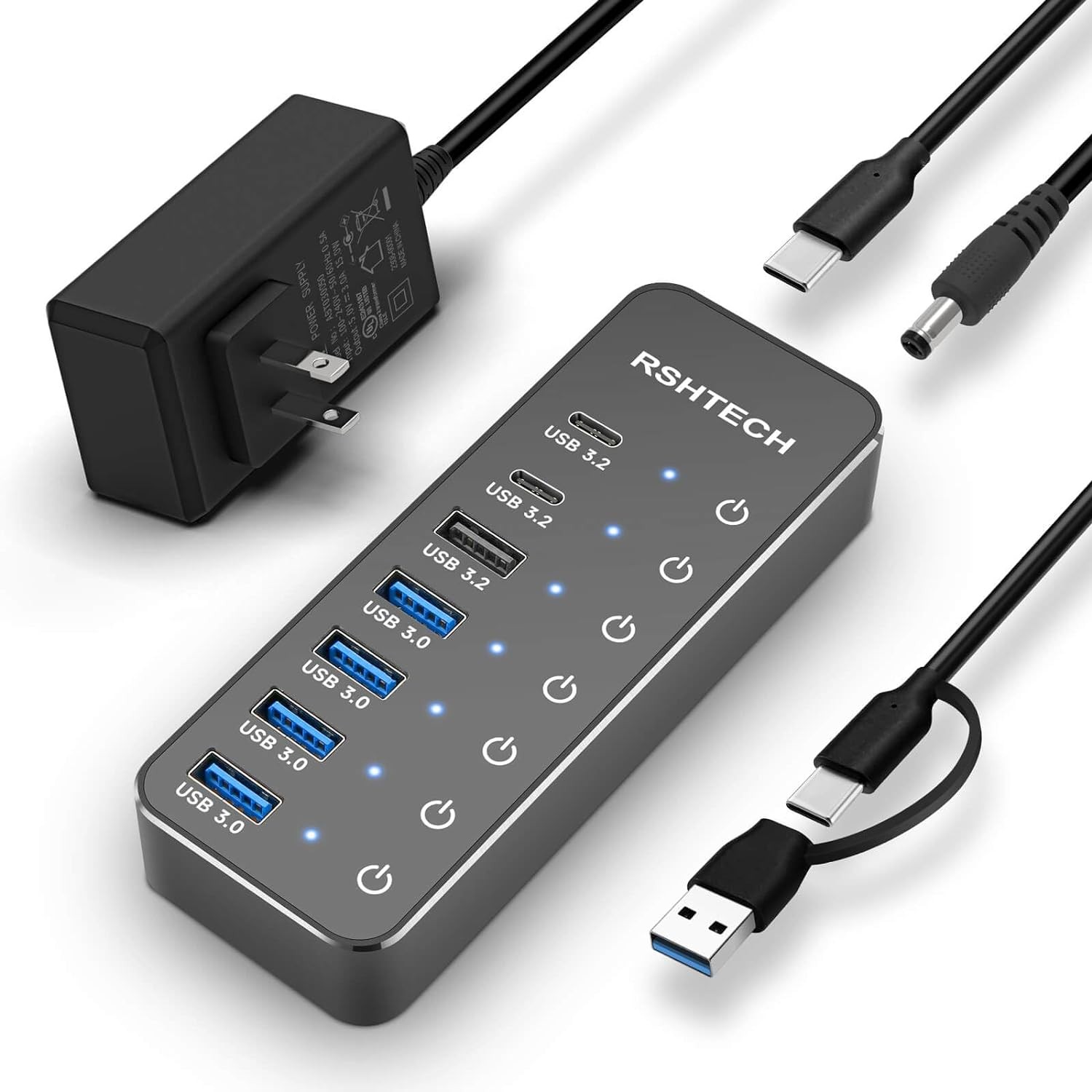 7 Port Powered USB 3.2 Hub 10Gbps USB C USB A Splitter Laptop PC Switches