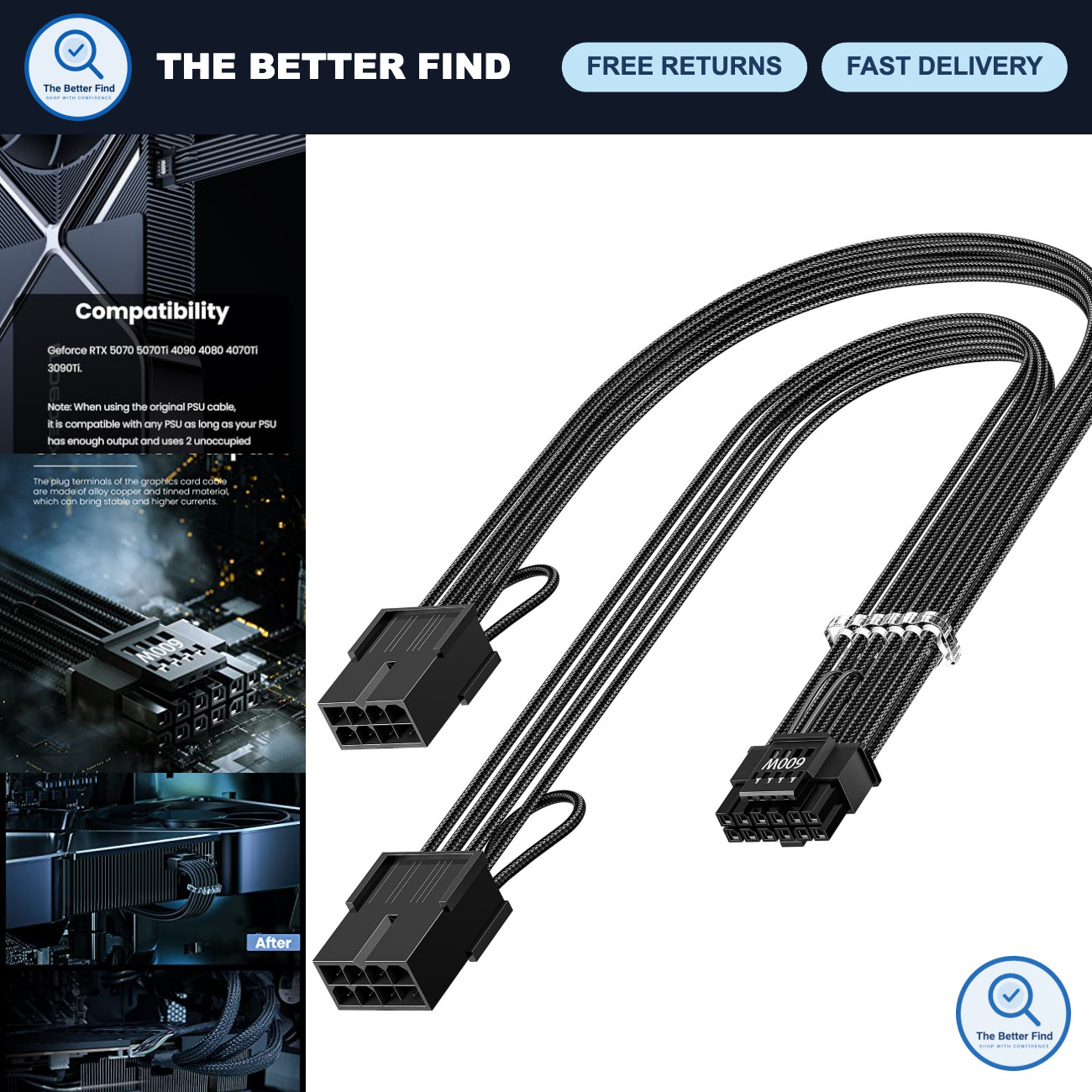 16 Pin GPU Cable Adapter Extension - High-Performance Black PCIe Power Cable