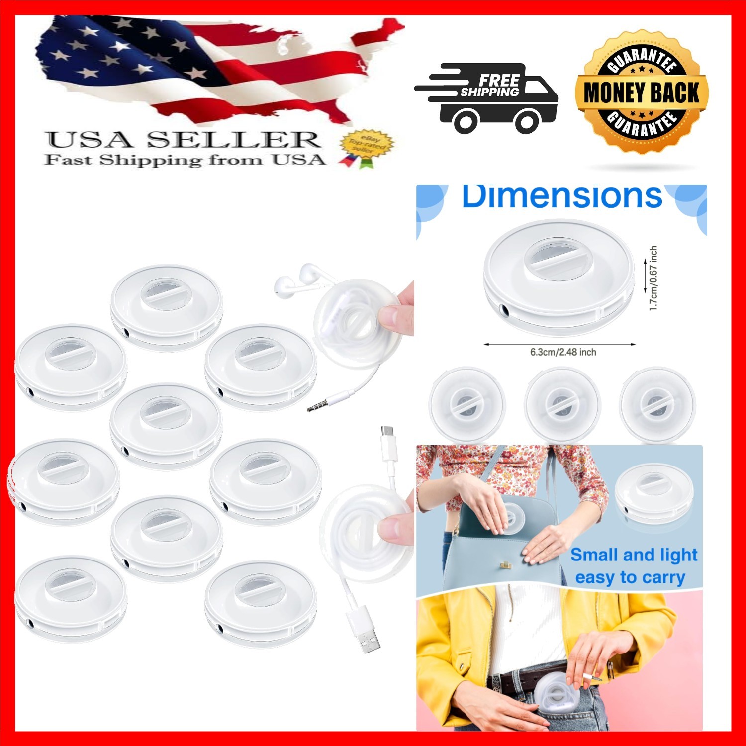 Retractable Cable Winder Set - 9 Pcs Clear Organizer for USB and Earphone Cords