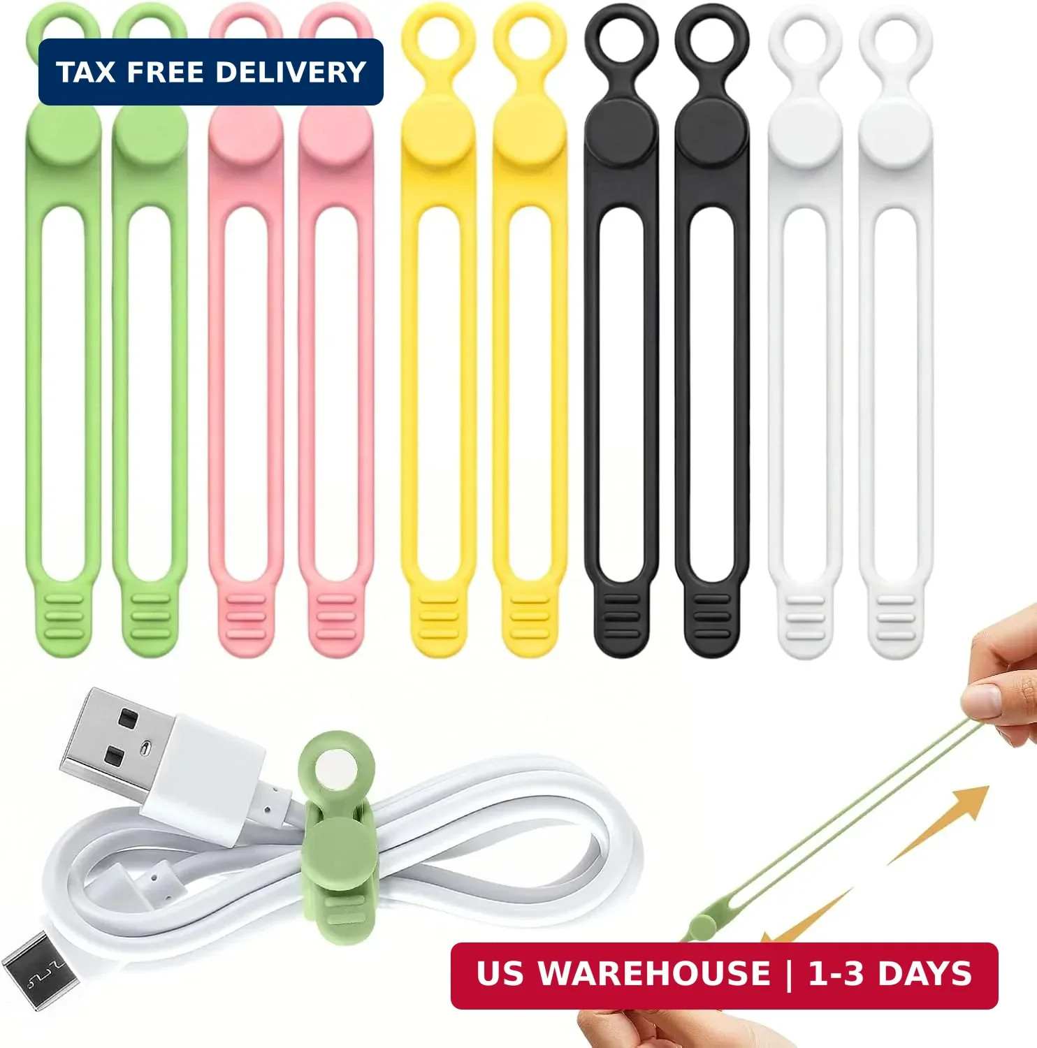 10 Pcs Silicone Cable Ties, Reusable Data Cable Organizer for Home Office
