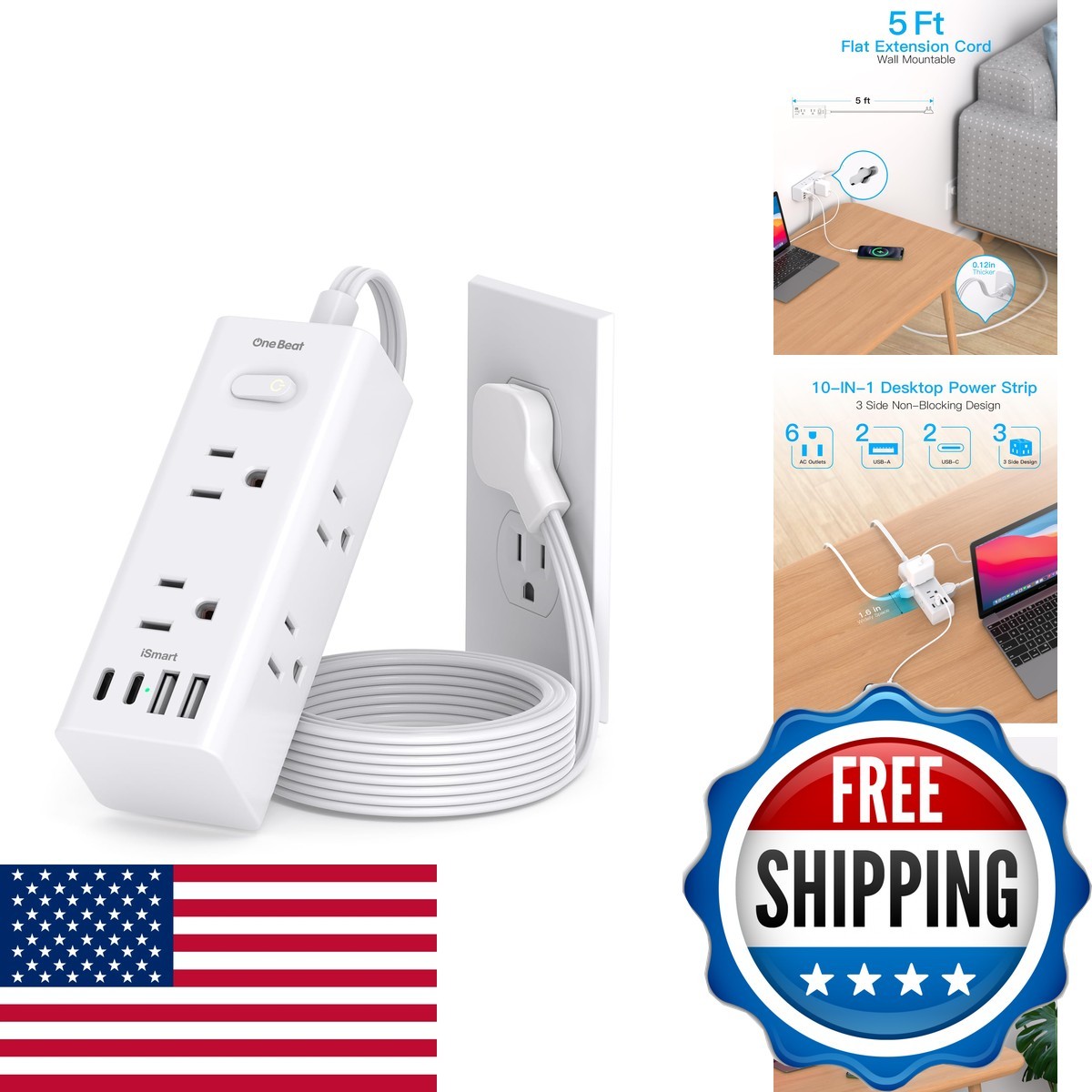 One Beat OB6W3CF 5Ft Flat Plug Power Strip Multiple Outlets Extension Cord