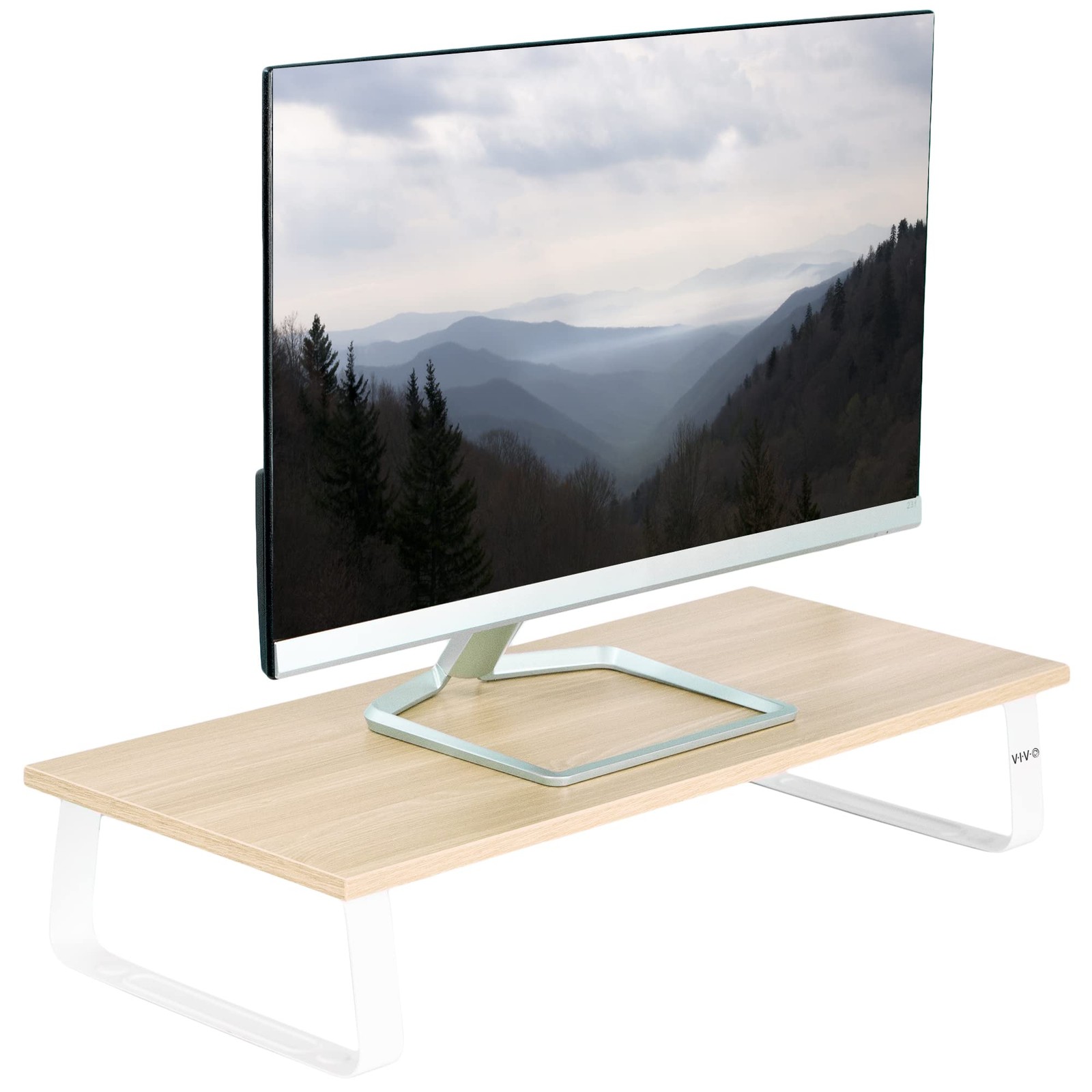 Light Wood 24 Inch Monitor Stand Steel Desktop Riser Ergonomic Organizer