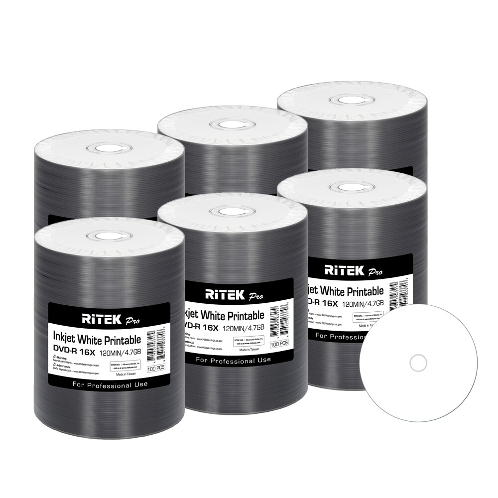 600 Pack Ritek Pro DVD-R 16X 4.7GB White Inkjet Hub Printable Blank Media Disc