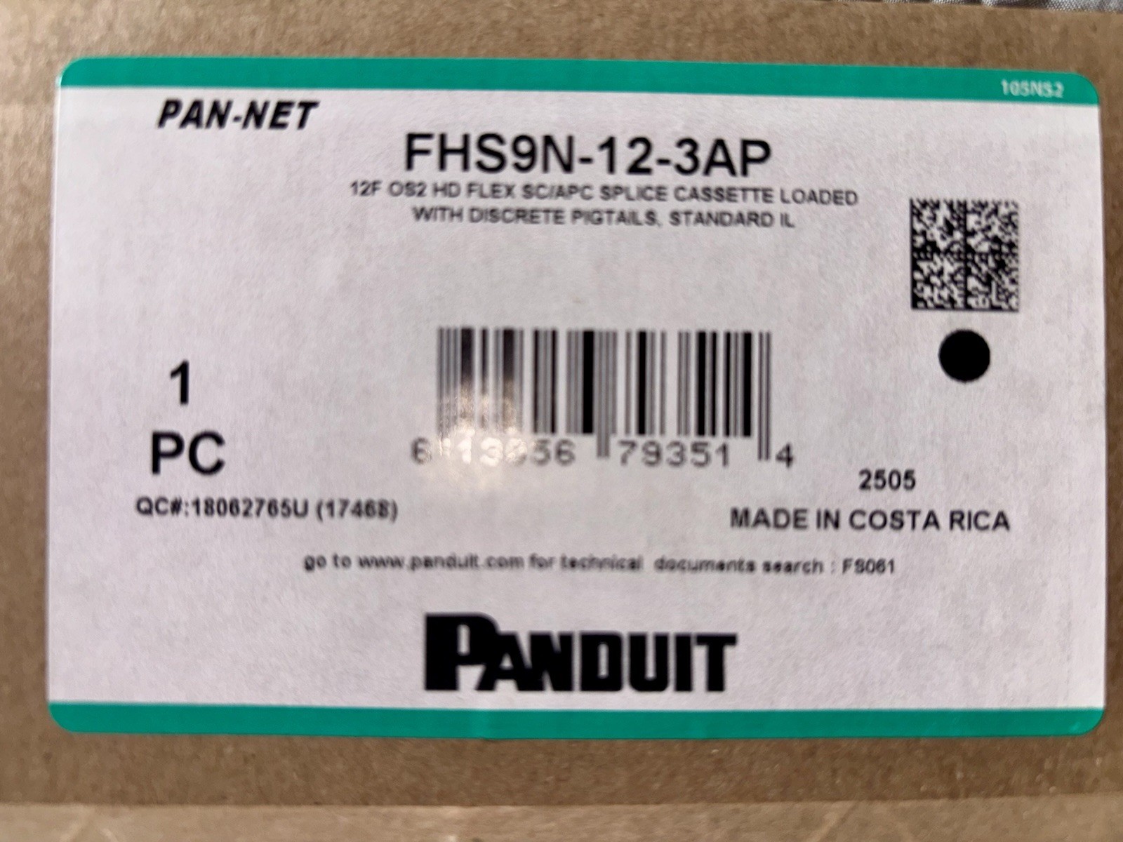 Panduit FHS9N-12-3AP  12F OS2 HD FLEX SC/APC Splice Cassette Loaded