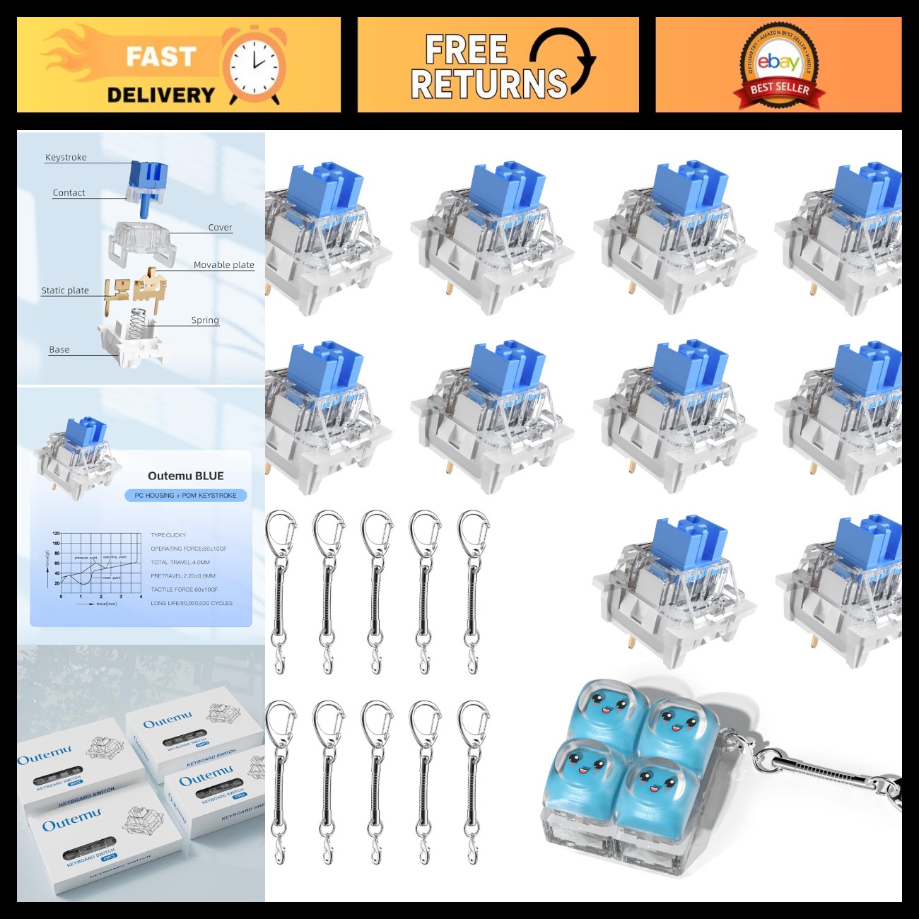 150 PCS Blue Clicky Mechanical Switches, 10 Keychains & Fidget Toy Bundle