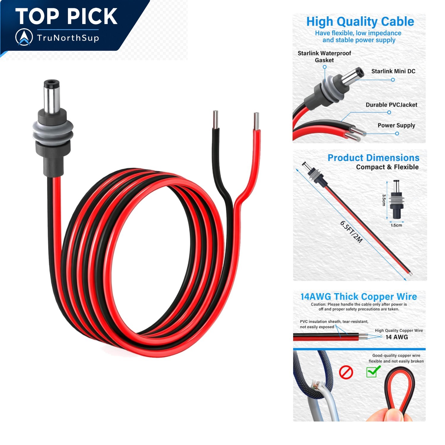 14AWG  Waterproof Starlink Mini Power Extension Cable DC 5.5mm x 2.1mm Male t...