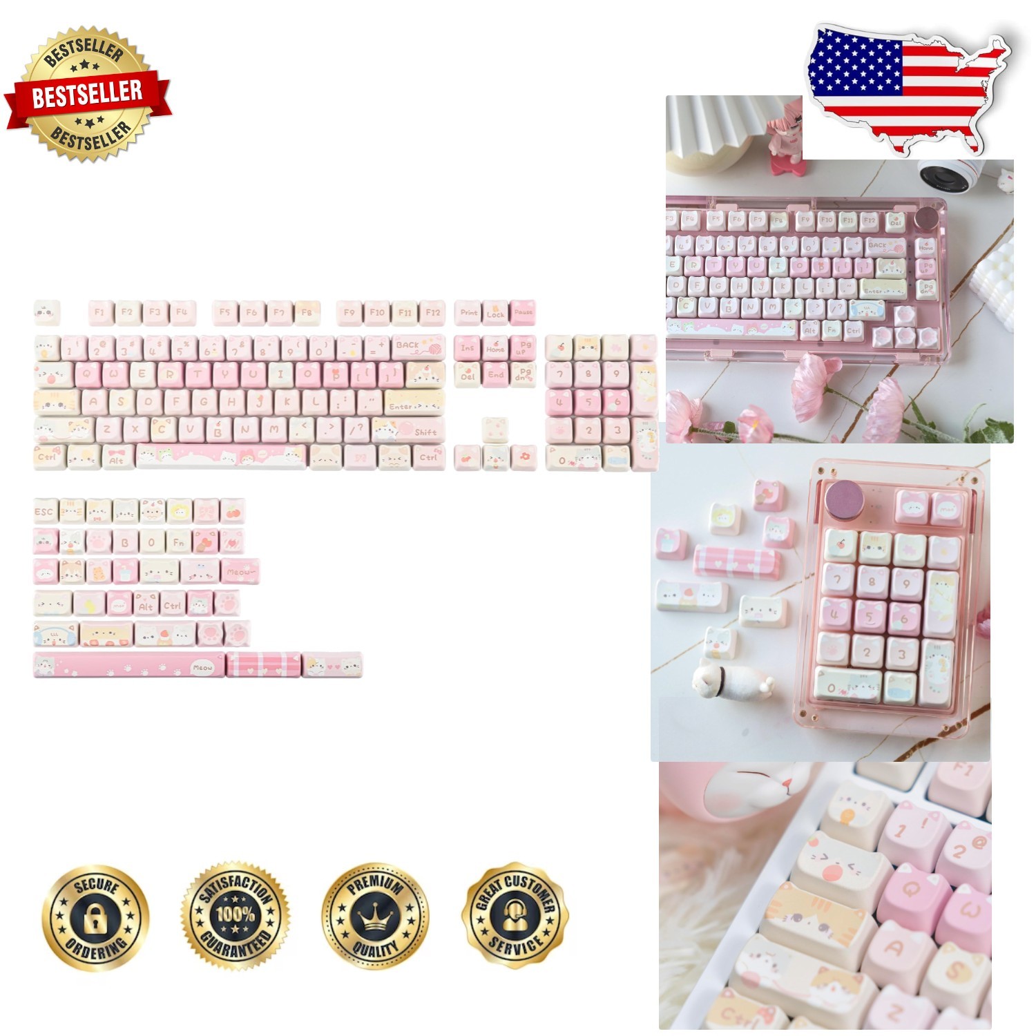 Cute MAO Profile Cat Keycaps Set 141 Keys Meow Squad PBT Mechanical Keyboard