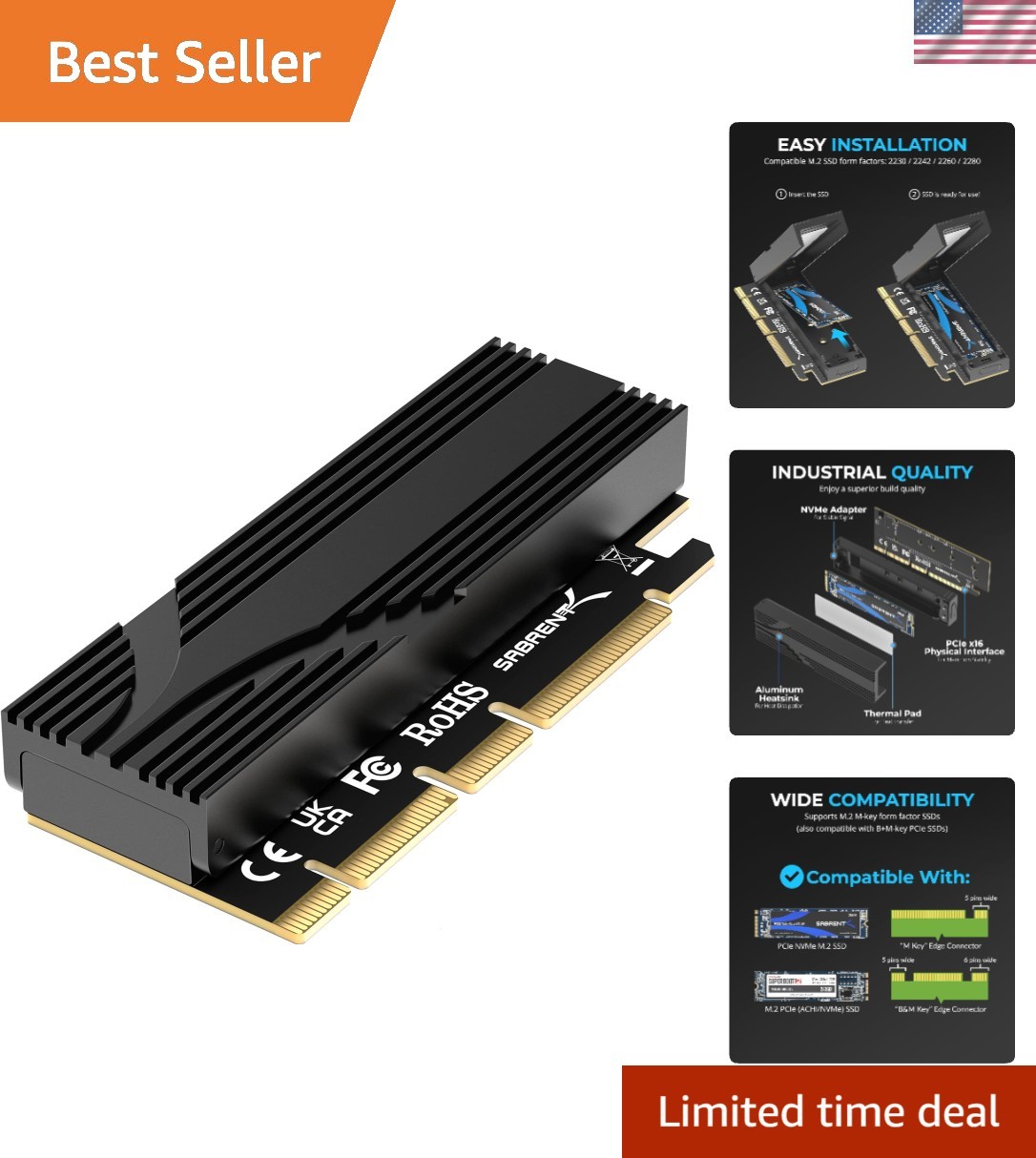 Gen5 PCIe x16 Adapter Card for M.2 NVMe SSD - 16GBps Speed, Tool-Free Install