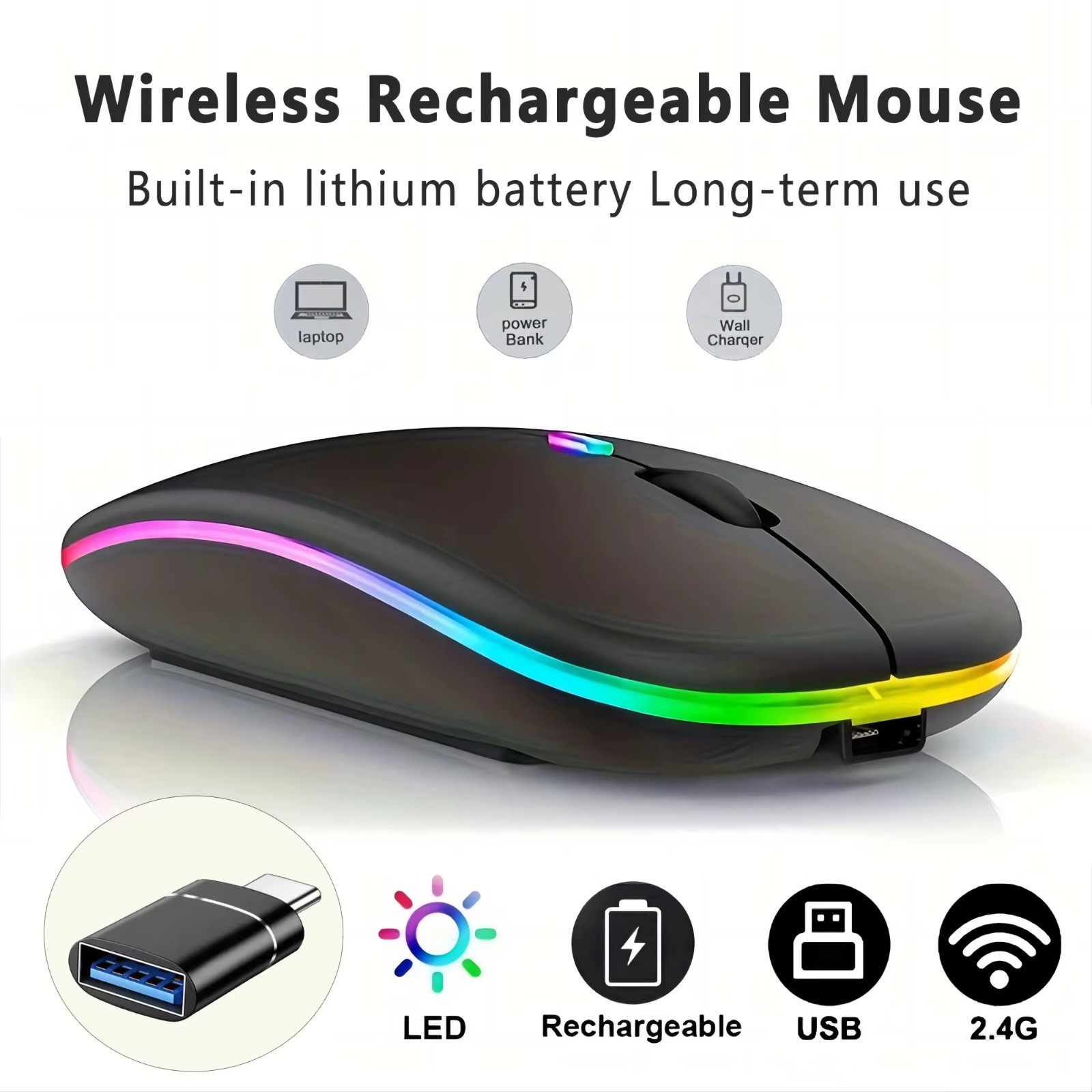 Wireless Rechargeable Mouse With LED Backlight Bluetooth With Type-C Adapter