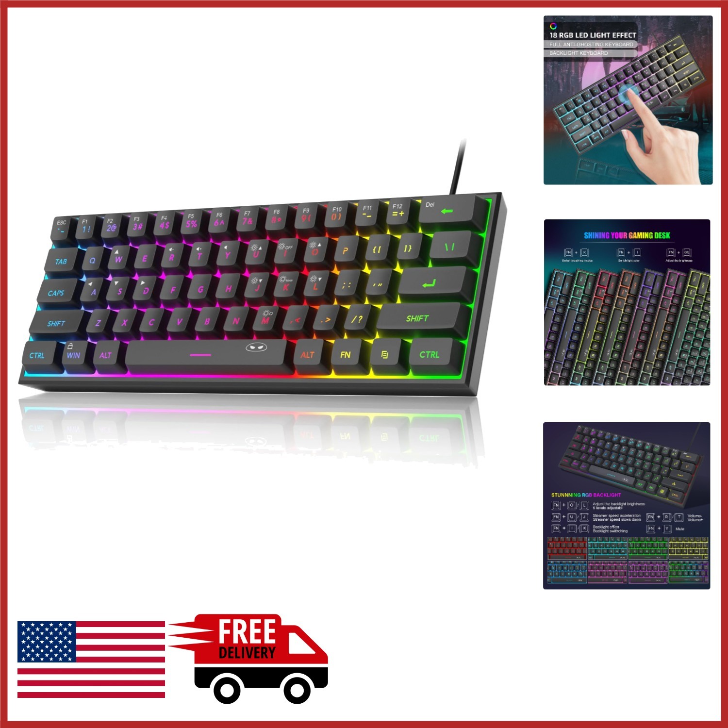Compact 61 Key RGB Backlit Keyboard for Gaming and Office Use, Black