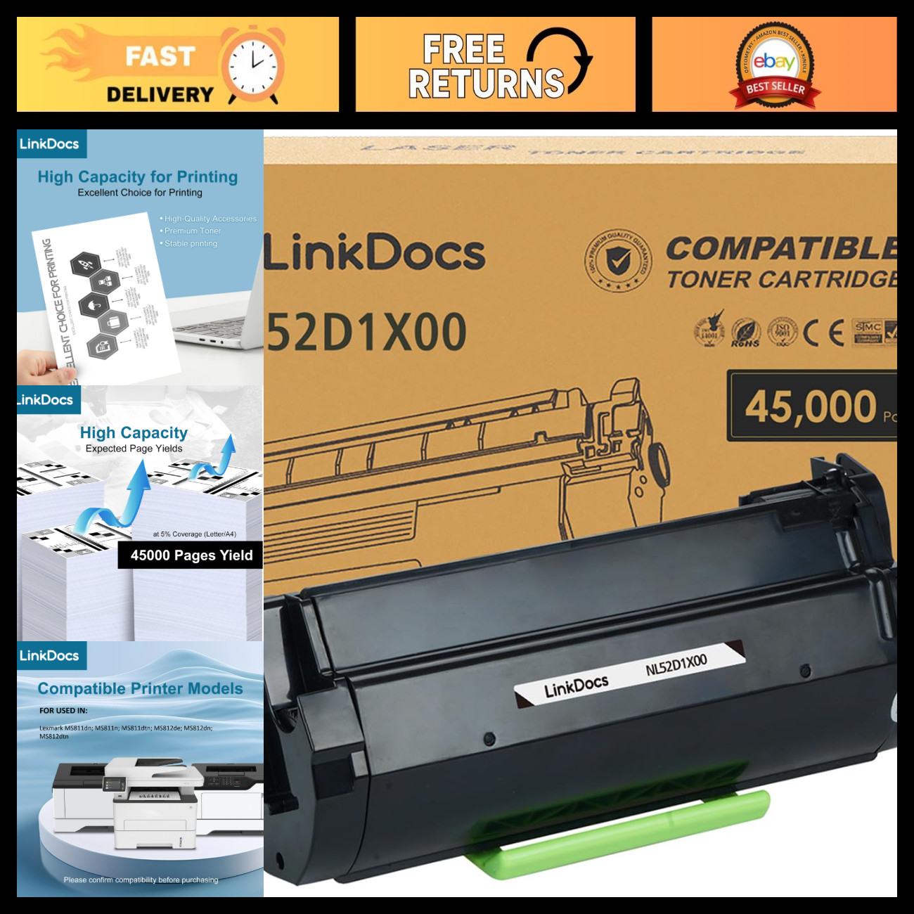 High Yield Toner Cartridge Replacement for Lexmark 52D1X00 521X - 45000 Pages, M