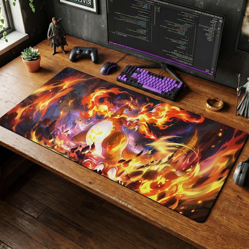 Charizard Fire Desk Mat, Pokemon Battle Mouse Pad, Large Gaming Chair Mat