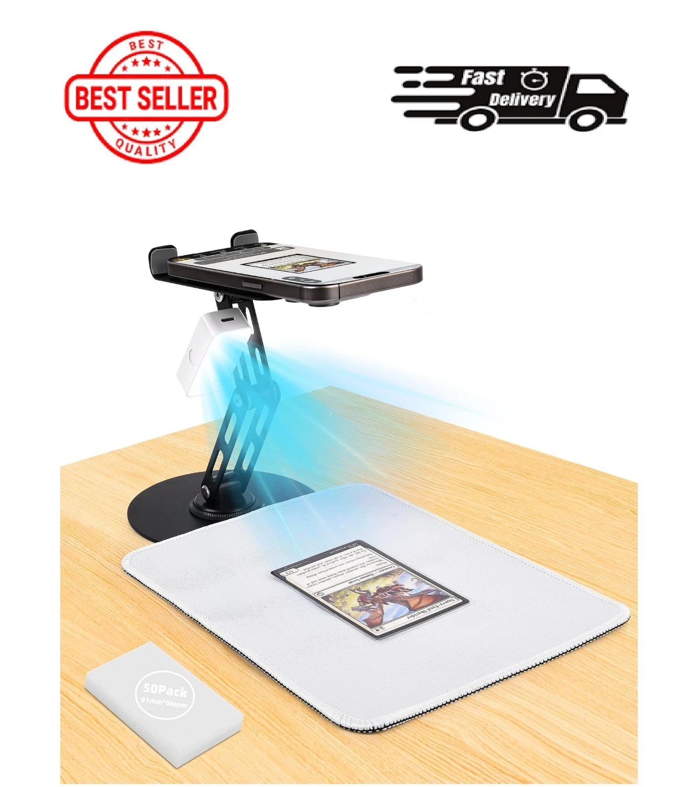 Trading Card Scanner Stand with Magnetic LED Light - Foldable Phone Holder for Q