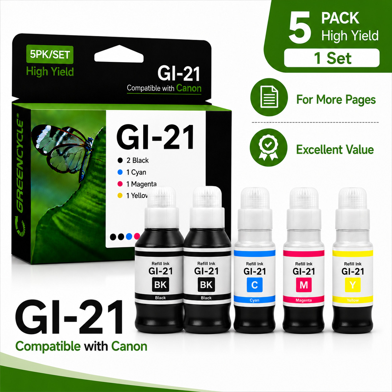 GREENCYCLE 5 Pack GI-21 GI21 Ink Refills for Canon PIXMA MegaTank G3270 G3290