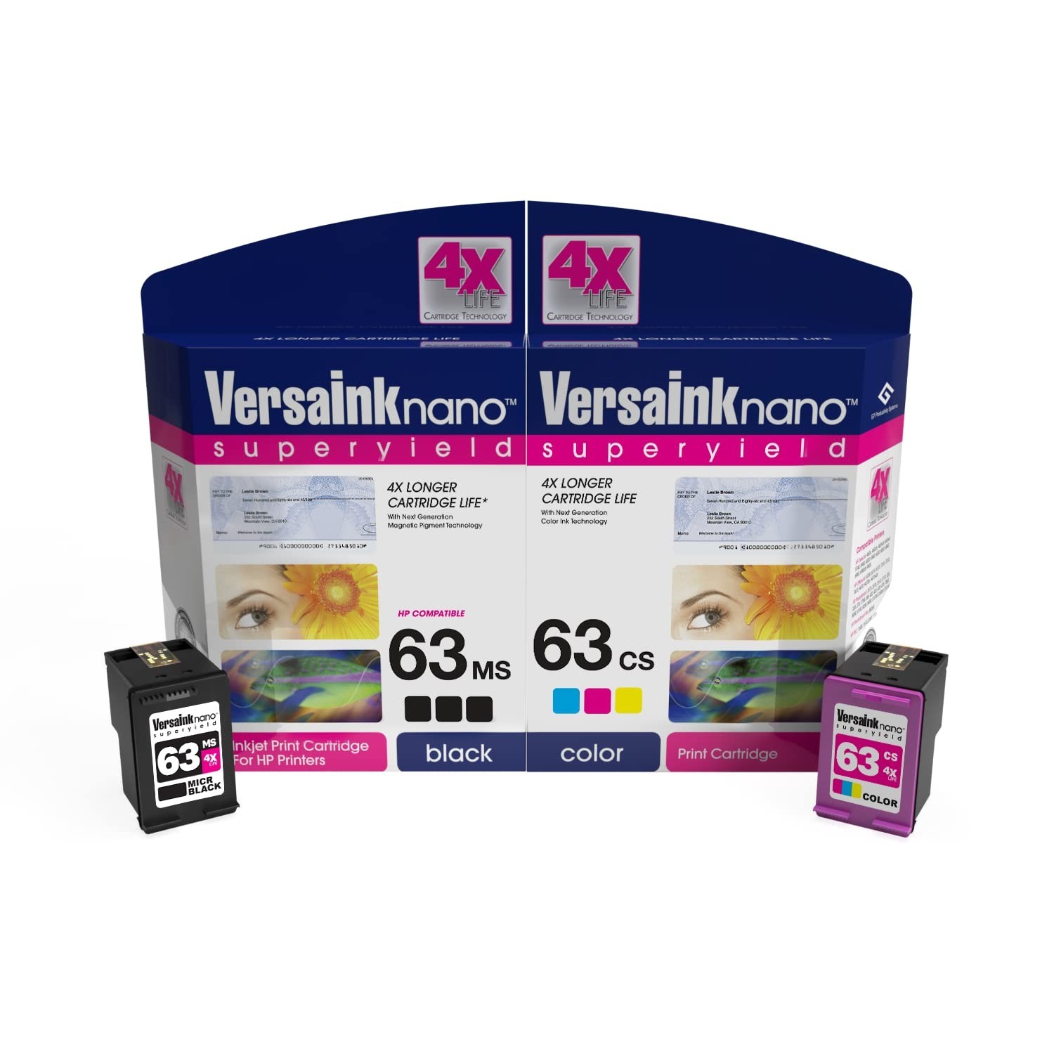 VersaInk-Nano HP 63 MS Black MICR Ink Cartridge for Check Printing & 63 CS Co...