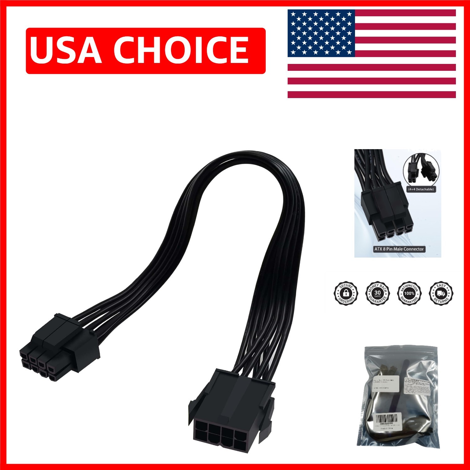High-Quality 8 Pin Male-to-Female CPU Extension Cable for Power Supply 2-Pack