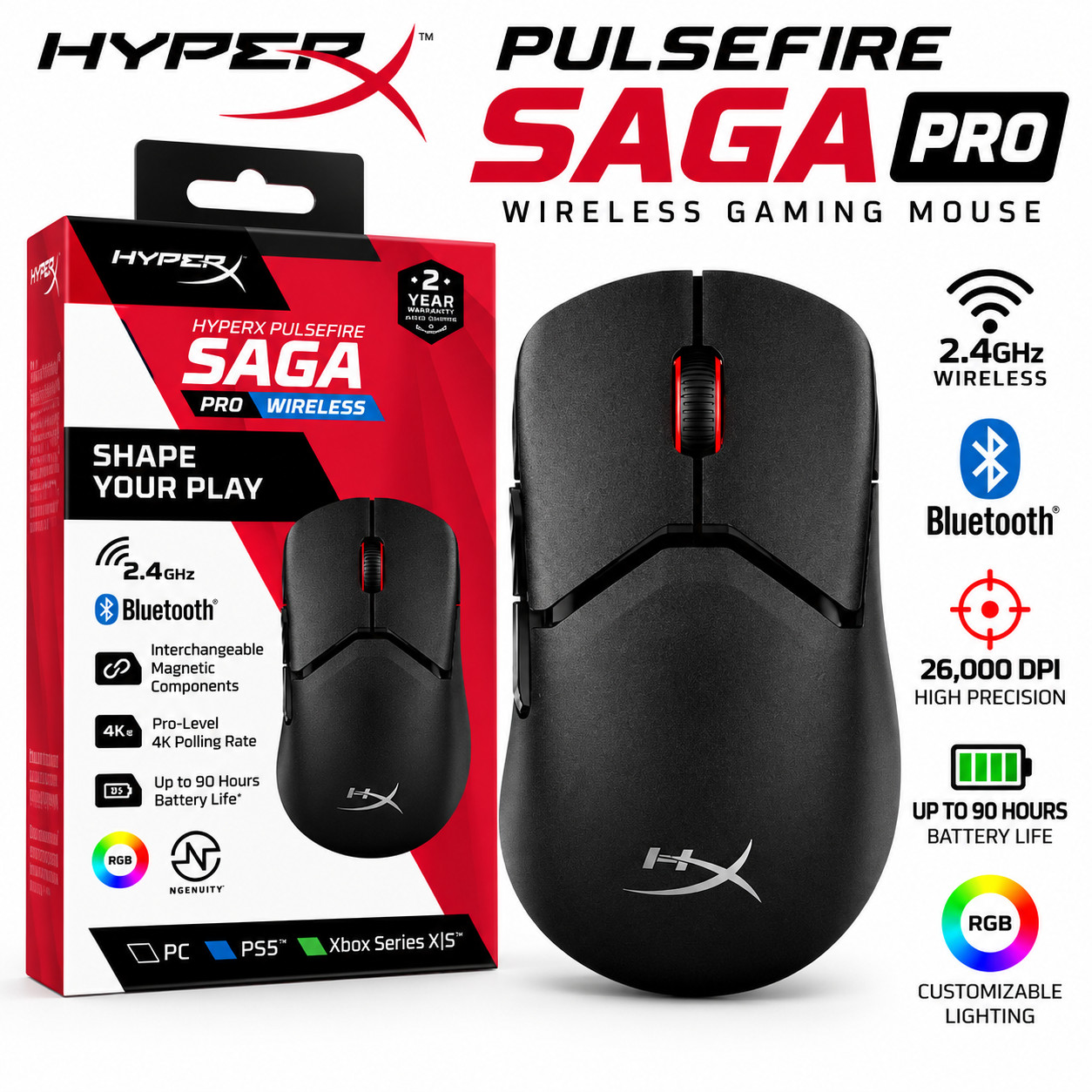 HyperX Pulsefire Saga Pro Wireless Bluetooth Gaming Mouse 26000 DPI Black New