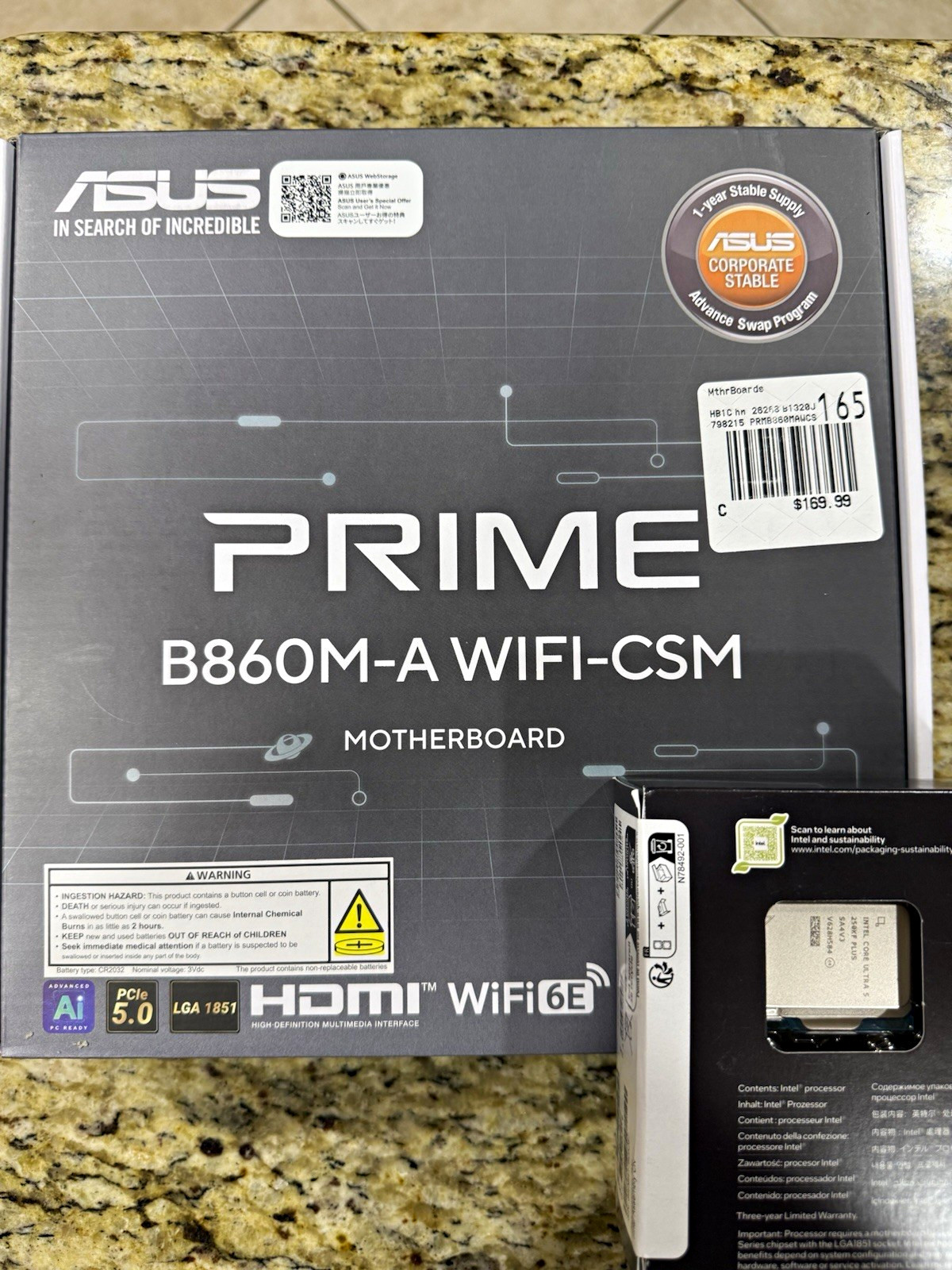Bundle: New-In-Box ASUS PRIME B860M-A WIFI-CSM MicroATX and Intel 5 Ultra 250KF+