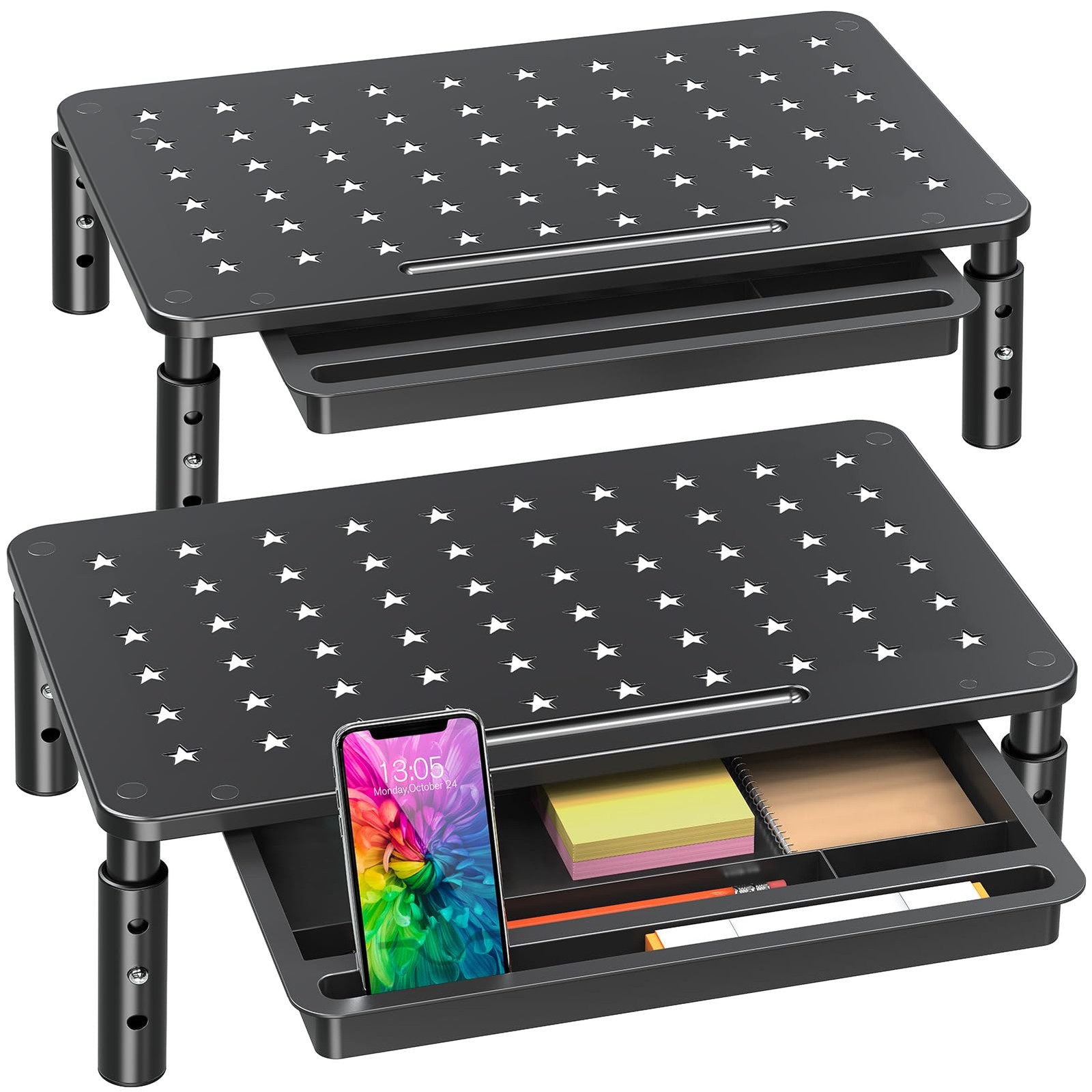 2 PCS 3 Height Adjustable Monitor Stand Riser Drawer Desk Organizer Storage