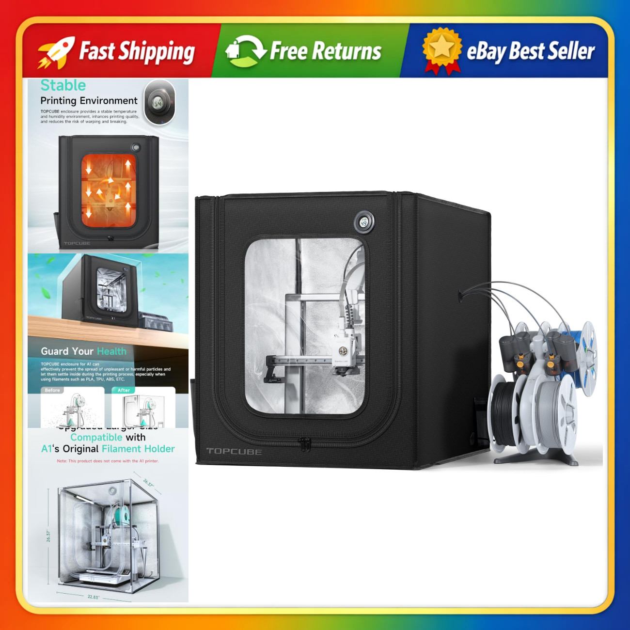 3D Printer Enclosure with LED Light for Bambu Lab A1 - Black, Dustproof & Heat I