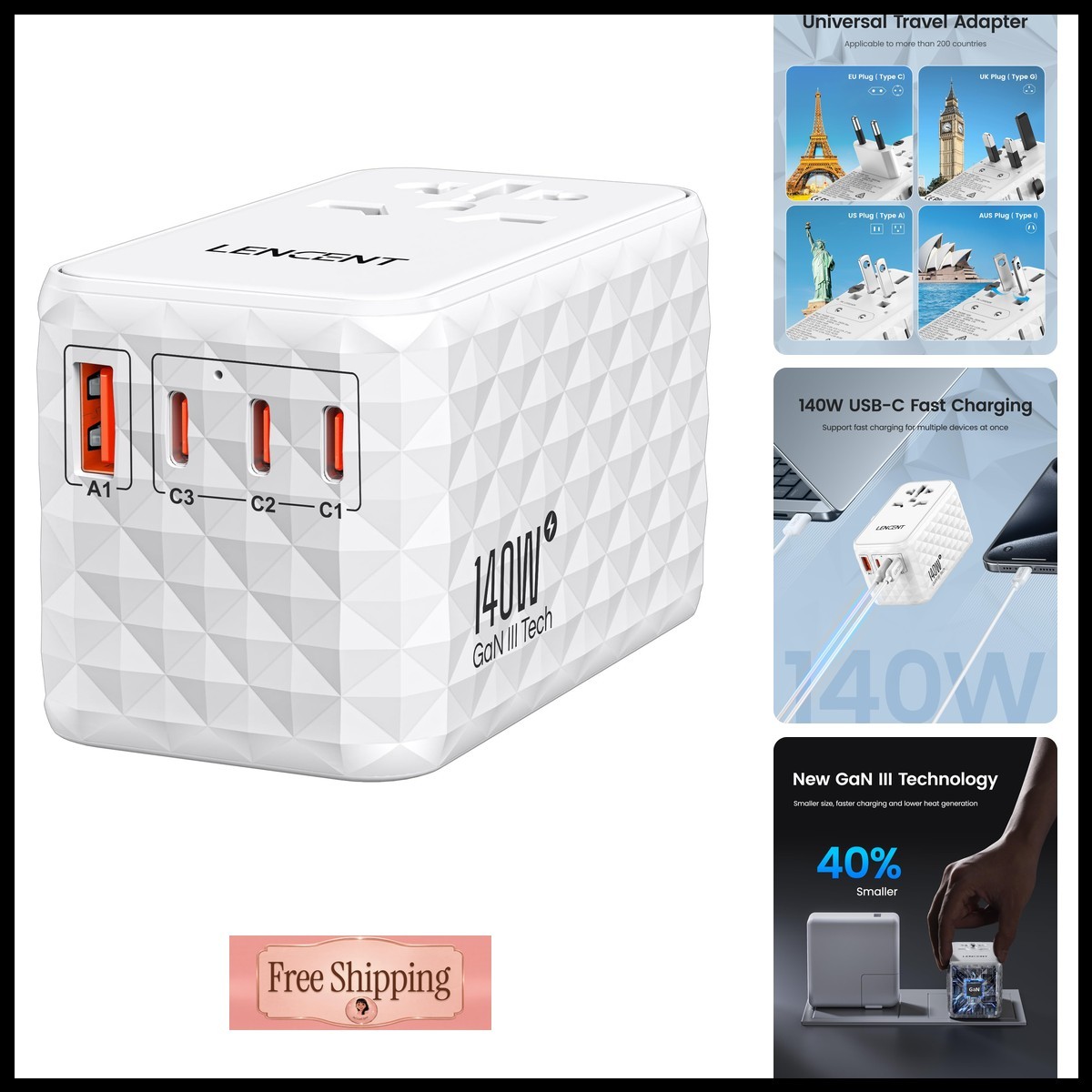 LENCENT 140W GaN Universal Travel Adapter 1 USB-A 3 Type-C White USA UK EU AUS