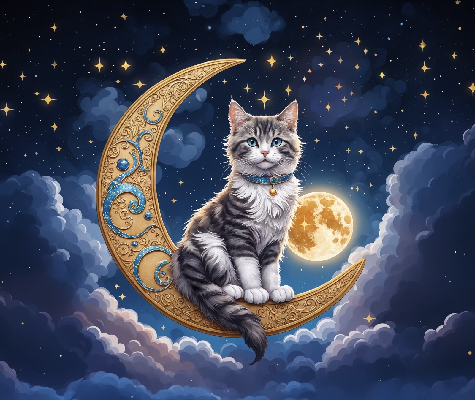 CELESTIAL CAT ON HALF MOON STARS CLOUDS MOON COMPUTER MOUSE PAD 9.25 X 7.34 IN.