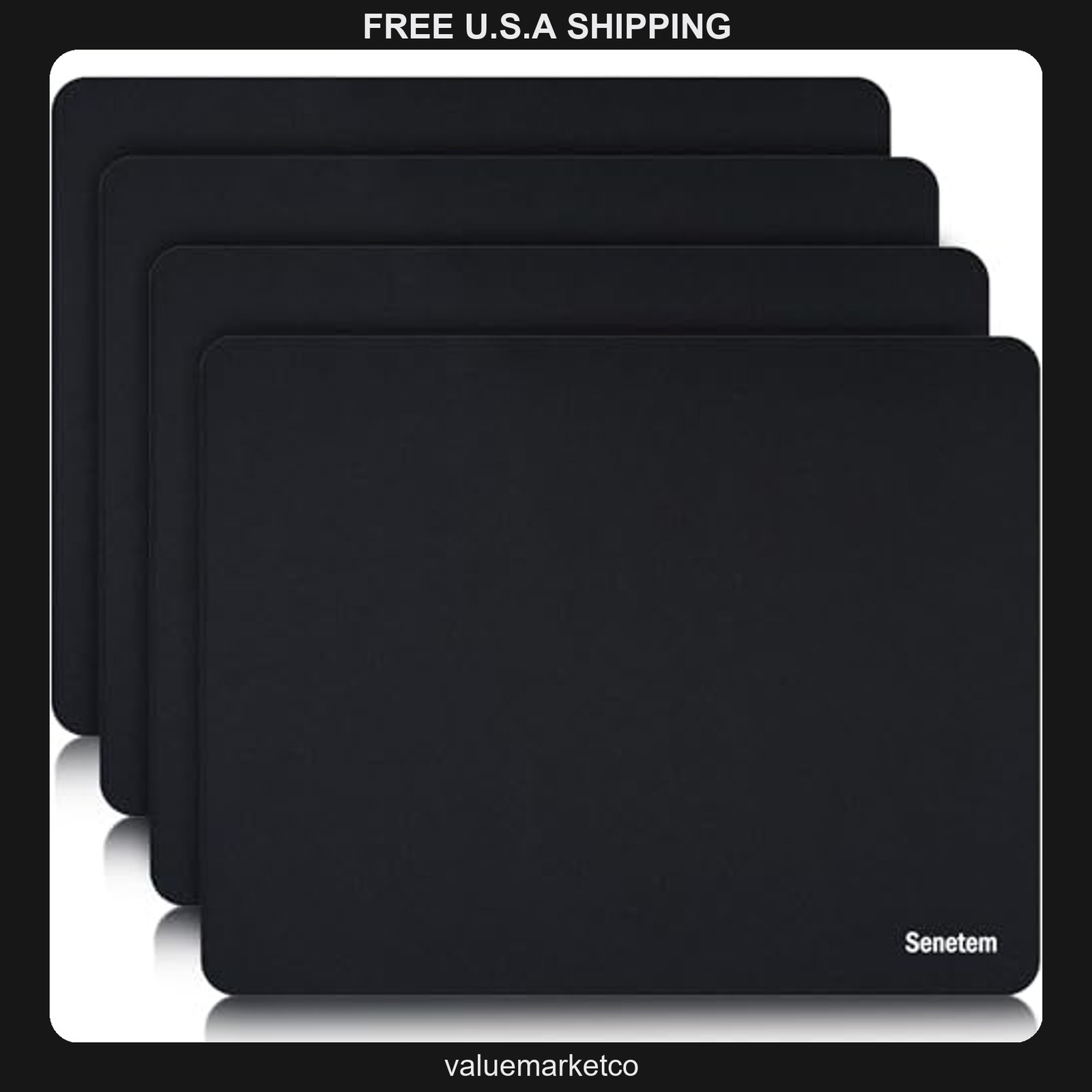 Senetem 4-Pack Mouse Pad, Non-Slip Rubber Base, Smooth Polyester Surface, Black