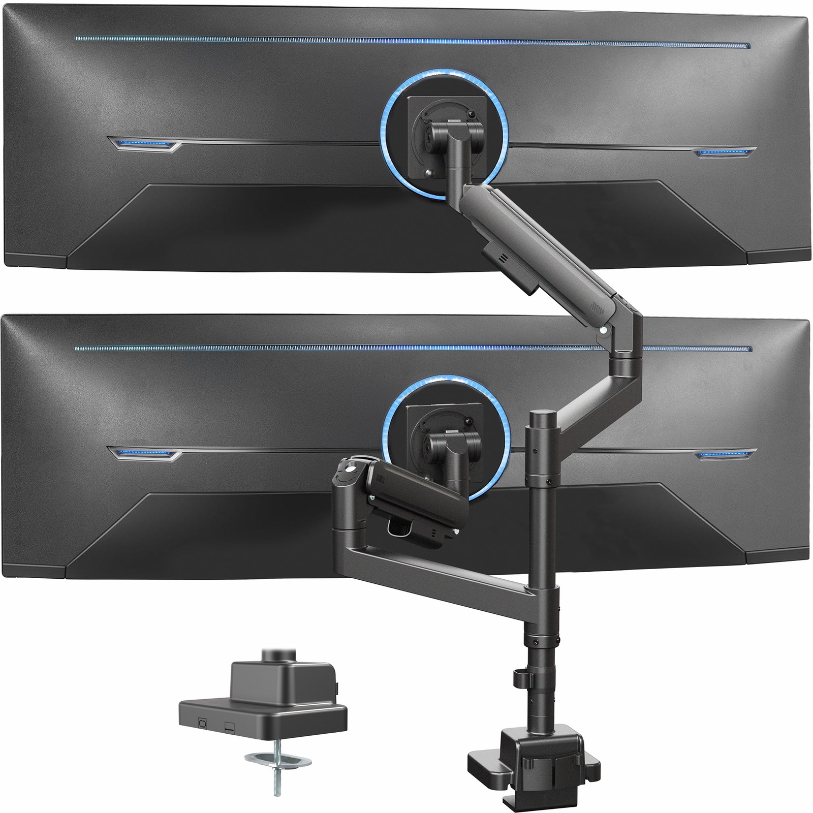 USED VIVO Pneumatic Dual Ultrawide Computer Monitor Desk Mount w/ Extension Pole