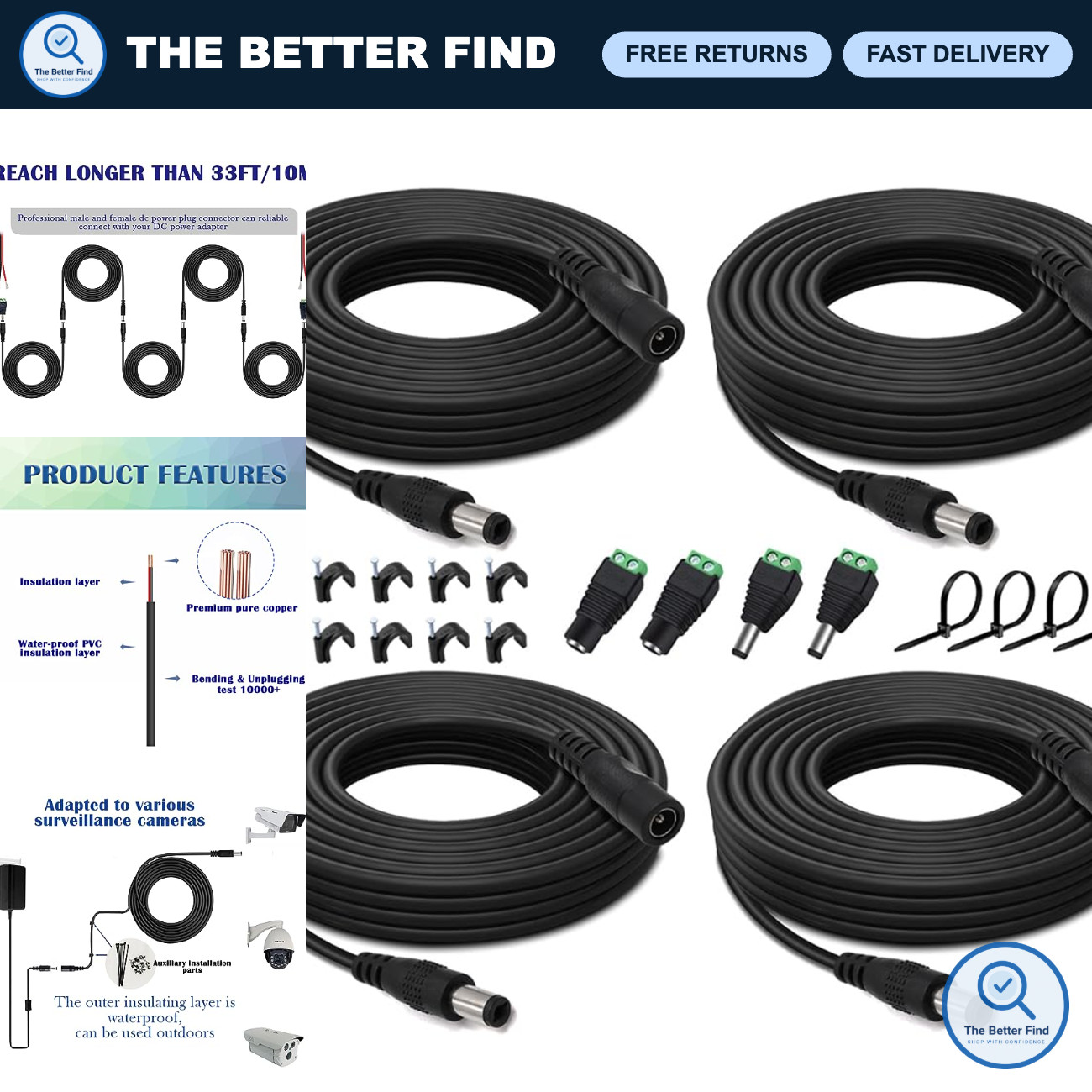 12V DC Power Extension Cable 4PCS 33FT with Male & Female Connectors 5.5mm x 2.1