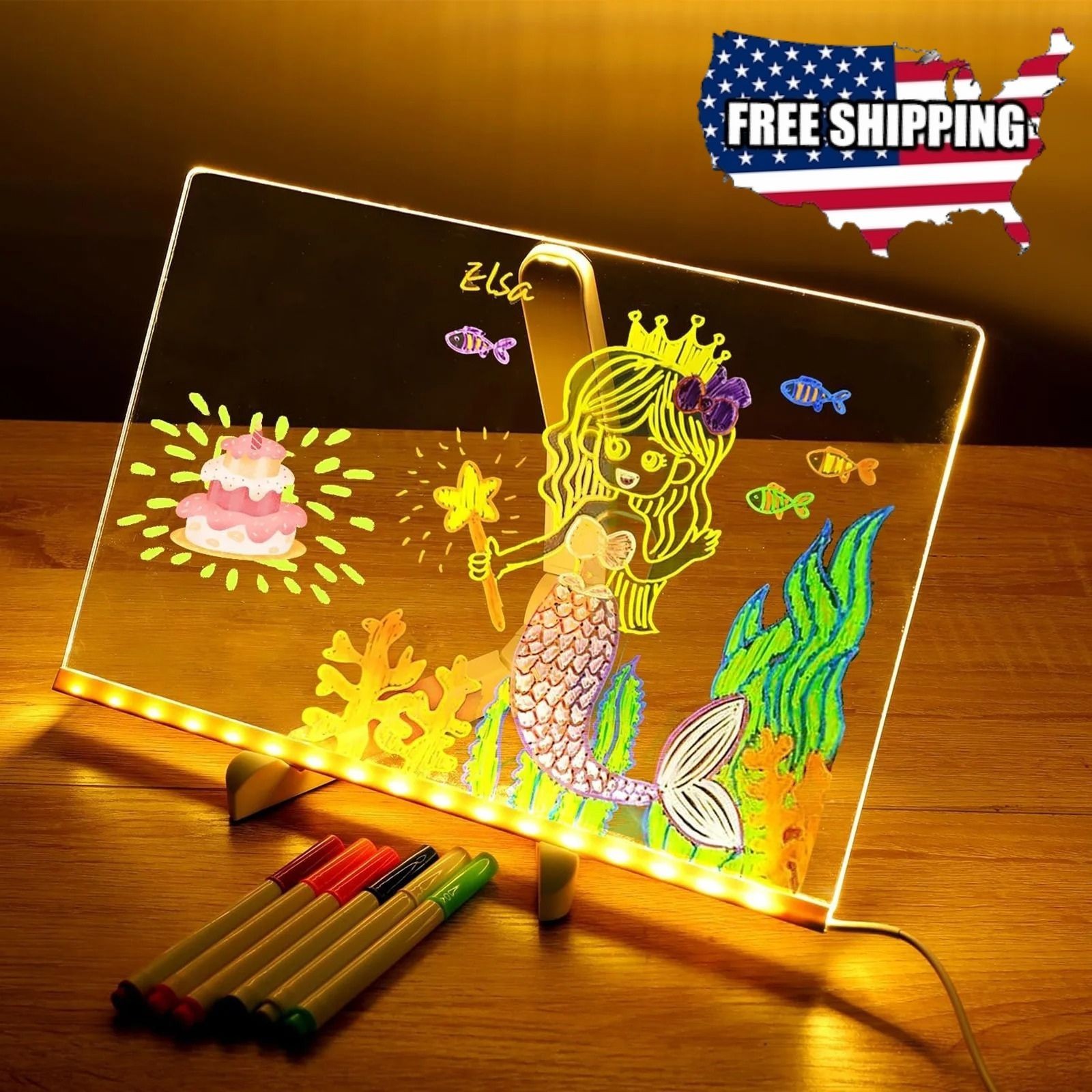 LED Writing Message Board Night Light Kids Drawing Tablet with 7 Neon Pens
