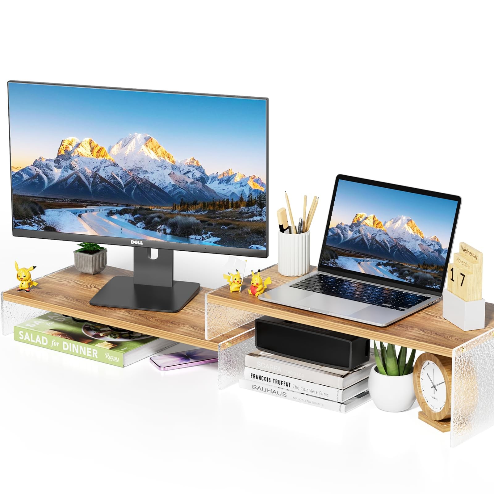 Adjustable 2Tier Wood Monitor Stand Riser with Acrylic Legs Organizer