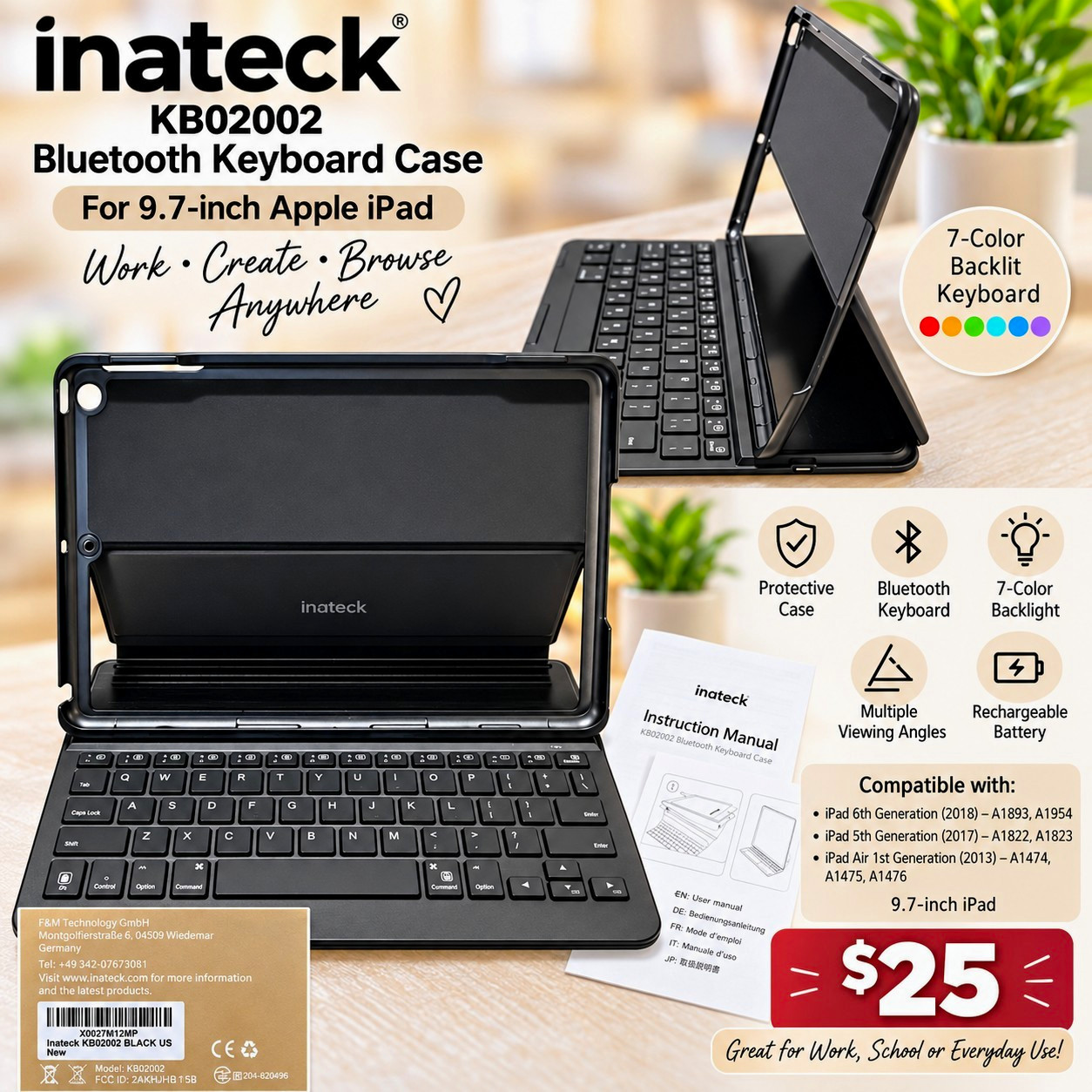 Priced To Sell.  Inateck KB02002 Bluetooth Keyboard Case 9.7 in iPad, Black