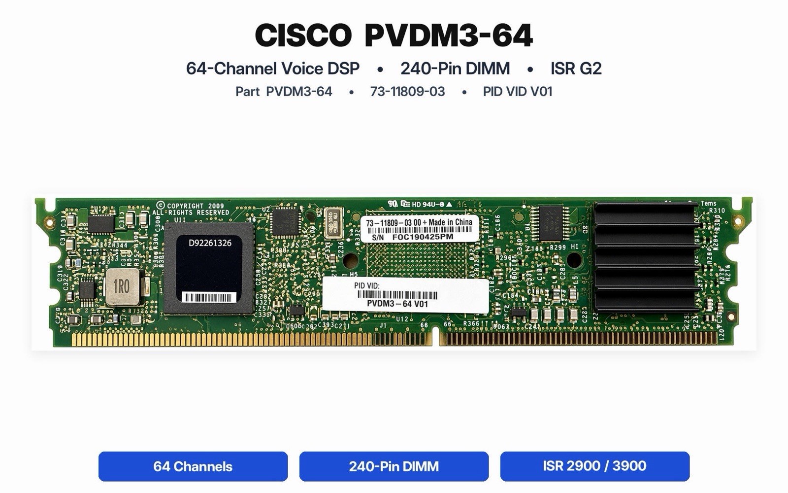 Cisco PVDM3-64 V01 64-Channel Voice DSP Module 73-11809-03 ISR G2 2900/3900