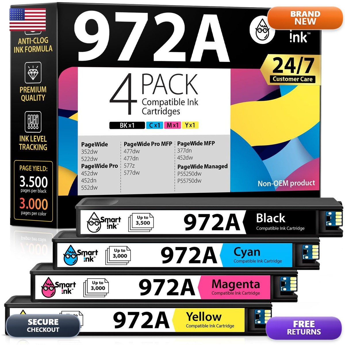 Smart Ink 972A 4 Pack Ink Cartridges for HP PageWide Pro 477dw 577dw 452dw