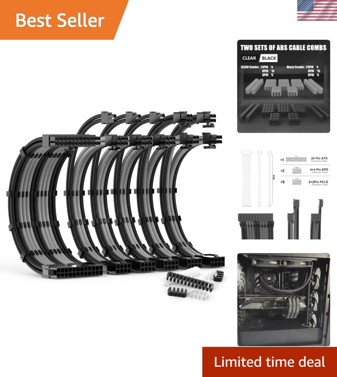 PSU Cable Extension Kit 30CM Length with Two Sets of Cable Combs,1x24Pin/2x8P...
