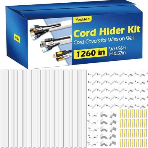 Cord Hider Kit, 80 Pieces, White Cable Raceway for Wall Wires