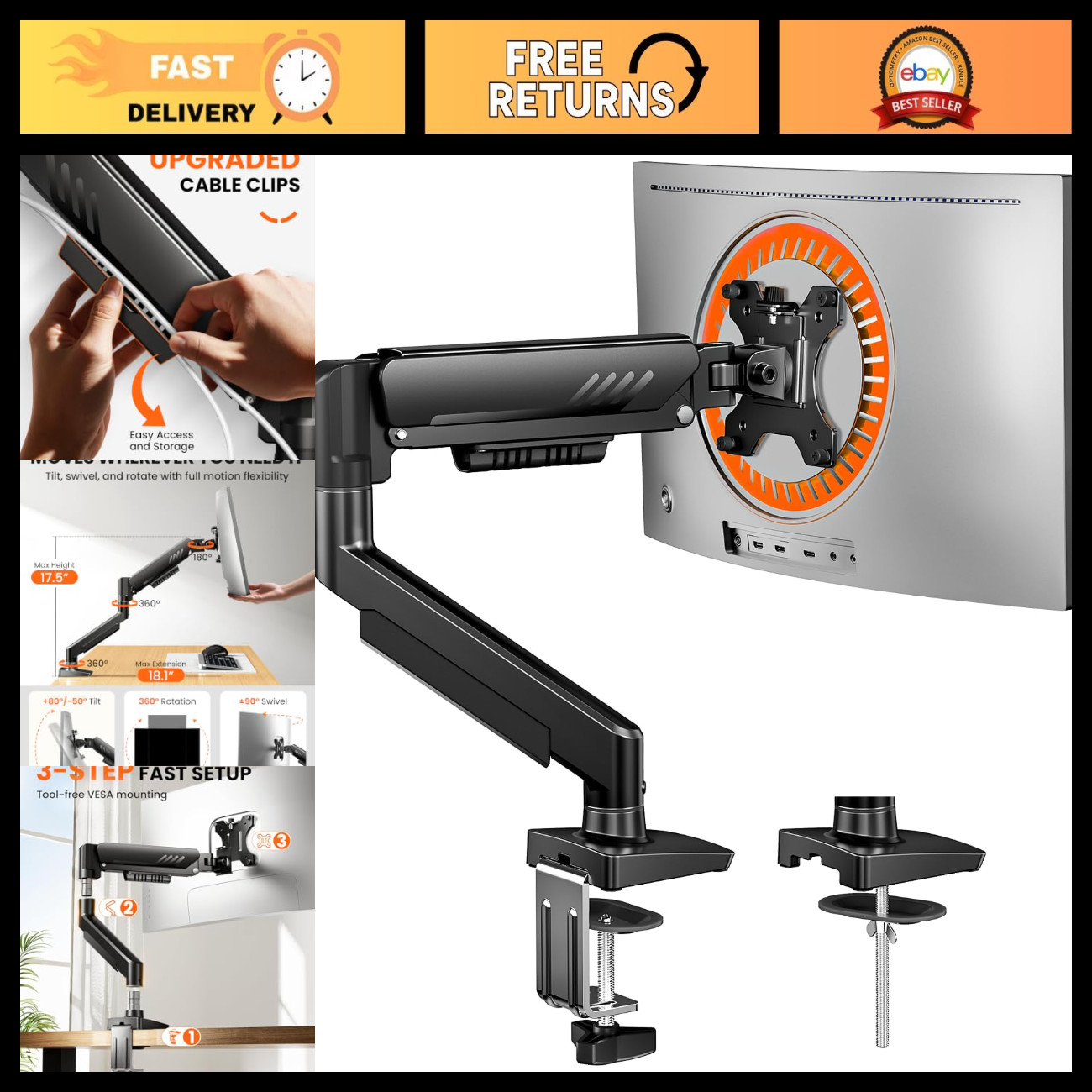 Fully Adjustable Single Monitor Arm Mount for 13-34" Screens, VESA, Cable Manage