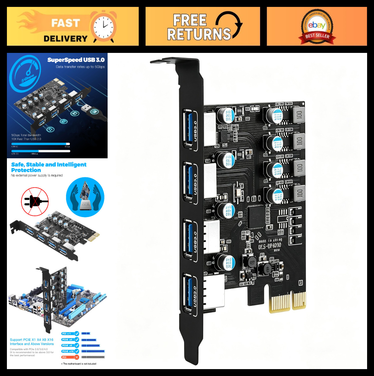 4-Port PCIe USB 3.0 Expansion Card for Desktop PC, Supports Windows 7/8/10/11