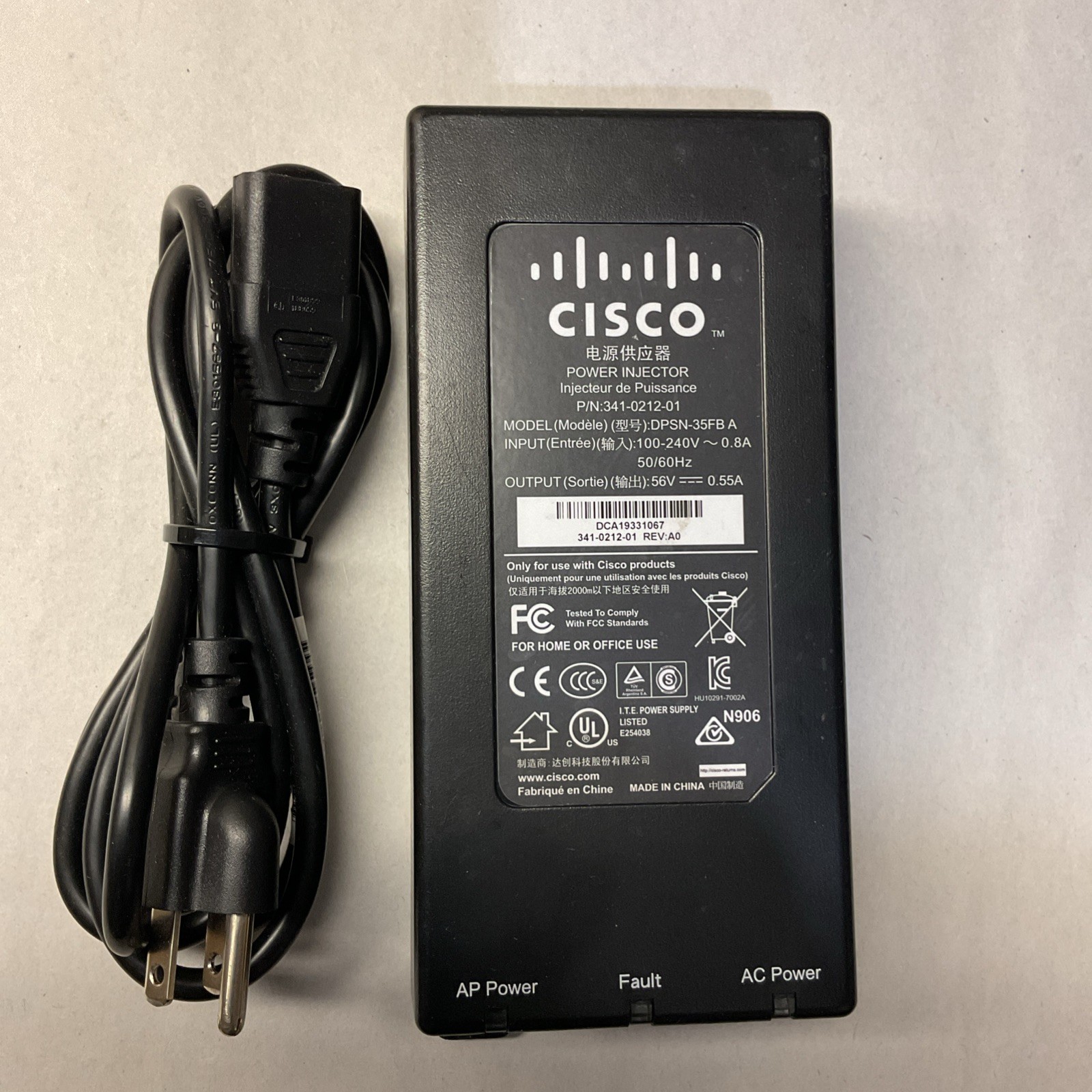 Cisco DPSN-35FB A, Power Injector 100-240V, 50-60Hz, 56V  0.55A, 341-0212-01