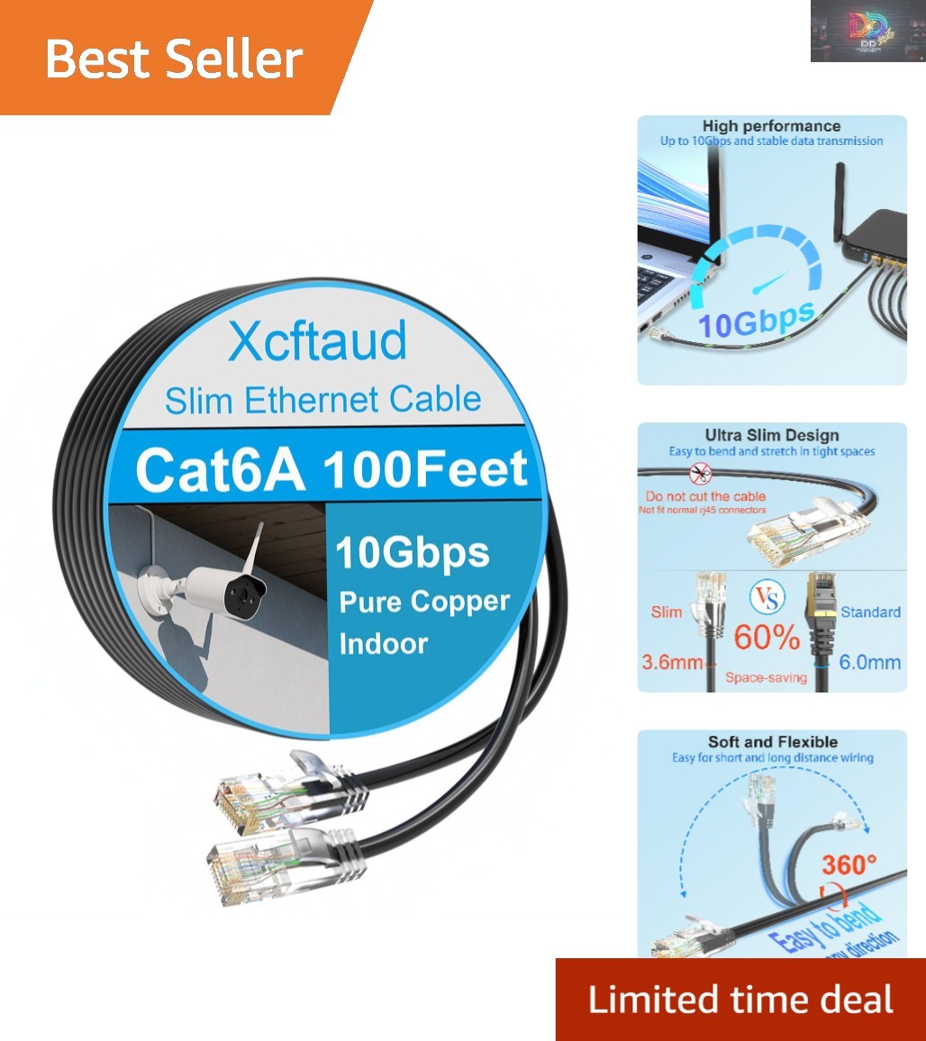Ultra Slim Cat6a Ethernet Cable, 100 Feet — High-Speed, Reliable, Perfect for...