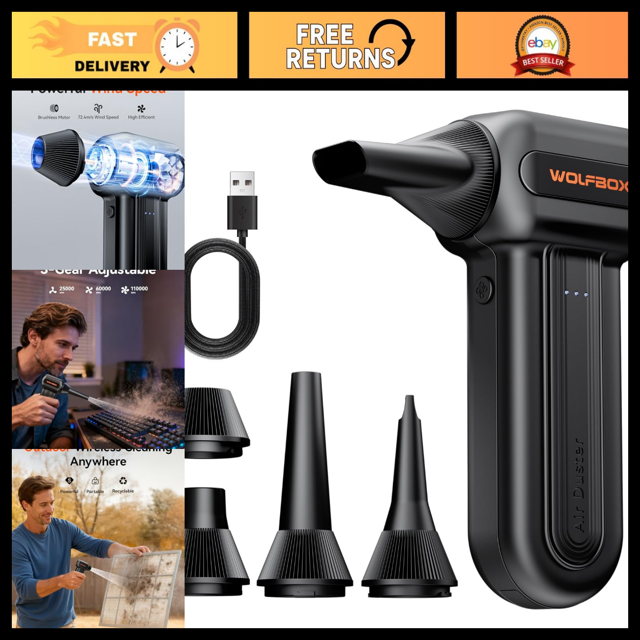3-Speed Cordless Electric Compressed Air Duster - Powerful, Adjustable Cleaning