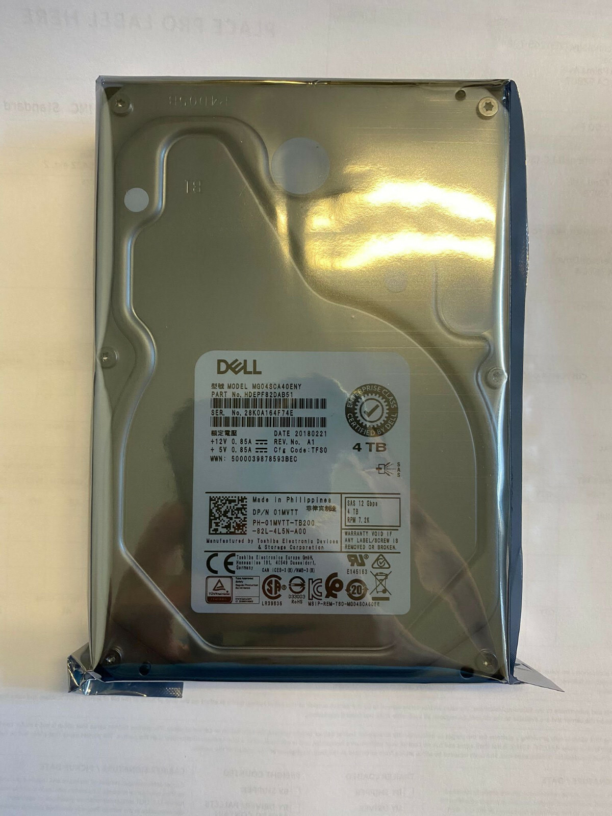Dell 01MVTT 4TB 12Gbps 7.2K RPM 3.5" SAS HDD MG04SCA40ENY 1MVTT