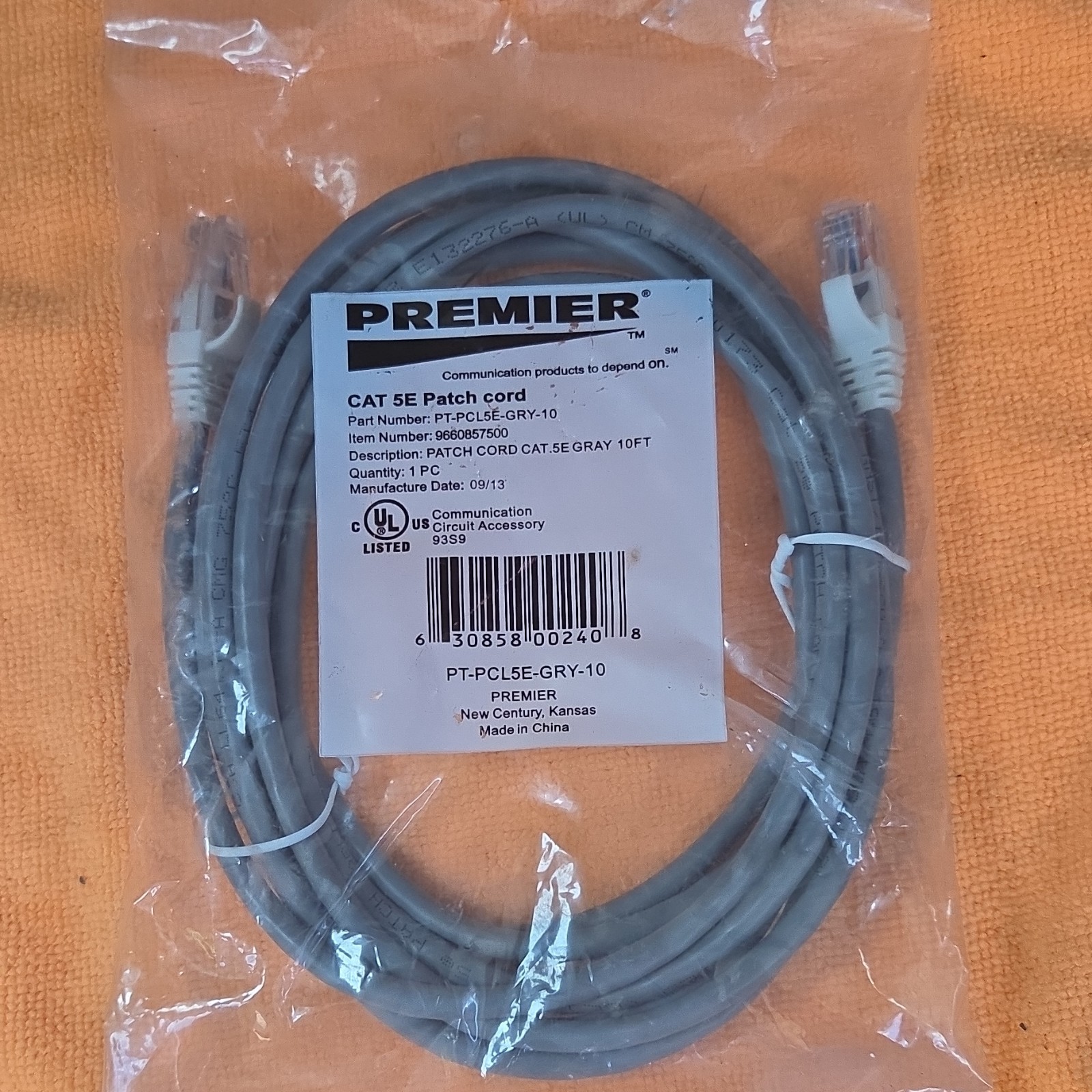 Premier CAT 5e Patch Cord 10ft Gray RJ-45 Ethernet Cable PT-PCL5E-GRY-10