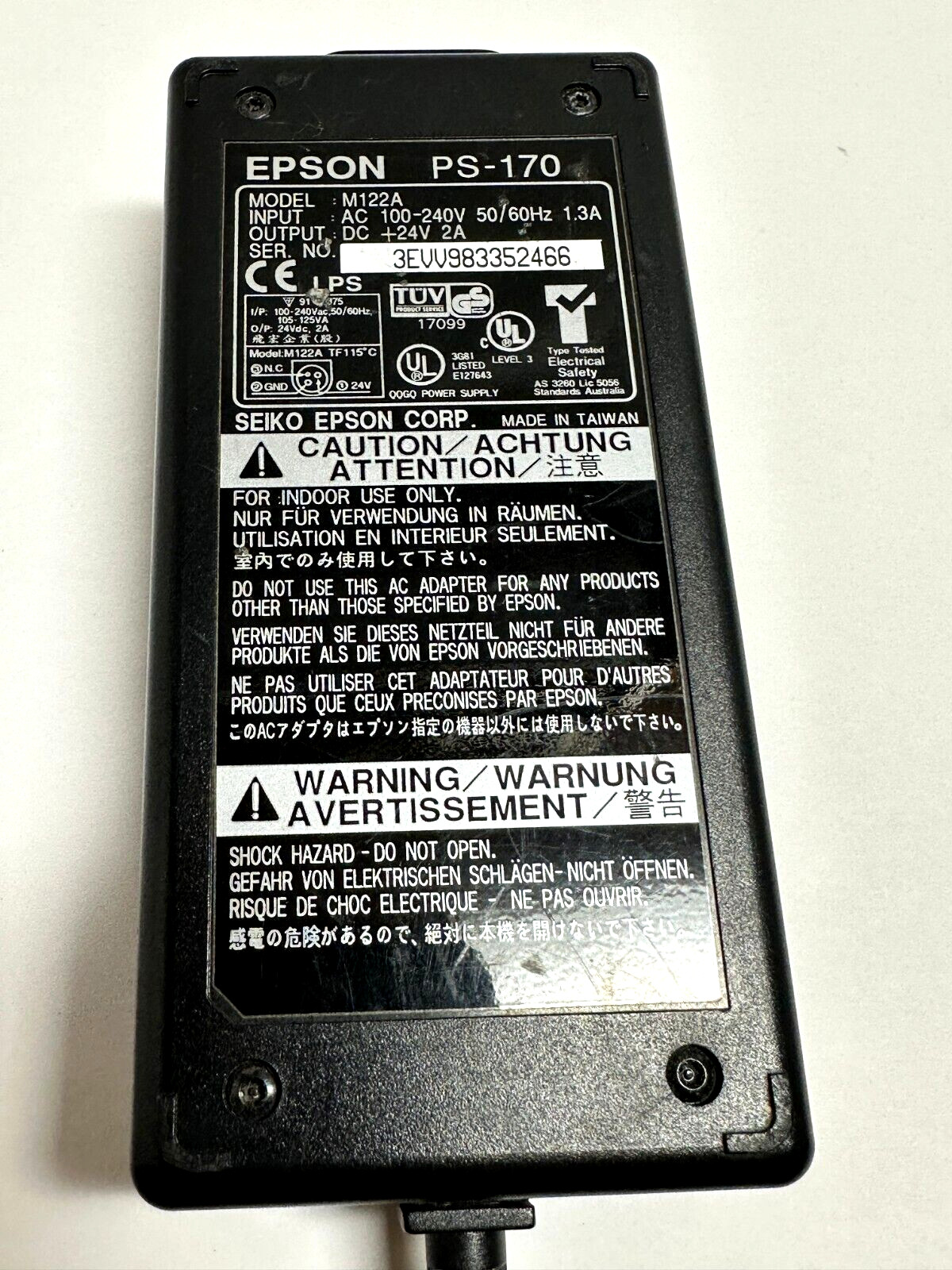 Genuine Epson / Micros AC/DC 24v Power Supply PS-170 M122A 3 pin