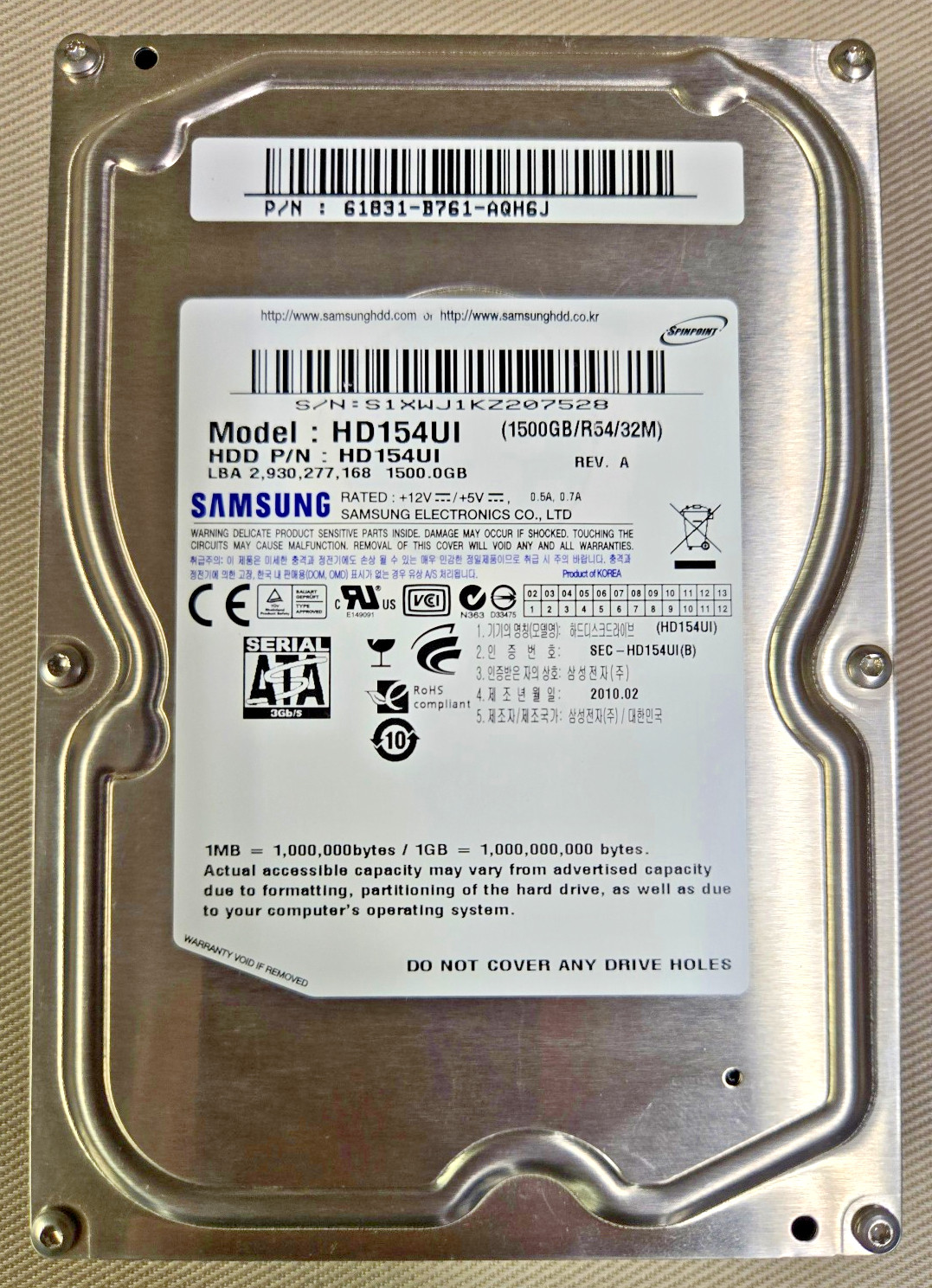 Samsung 1.5TB Hard Disk Drive, Model HD154UI, 5400RPM, 32M Cache, SATA, Healthy