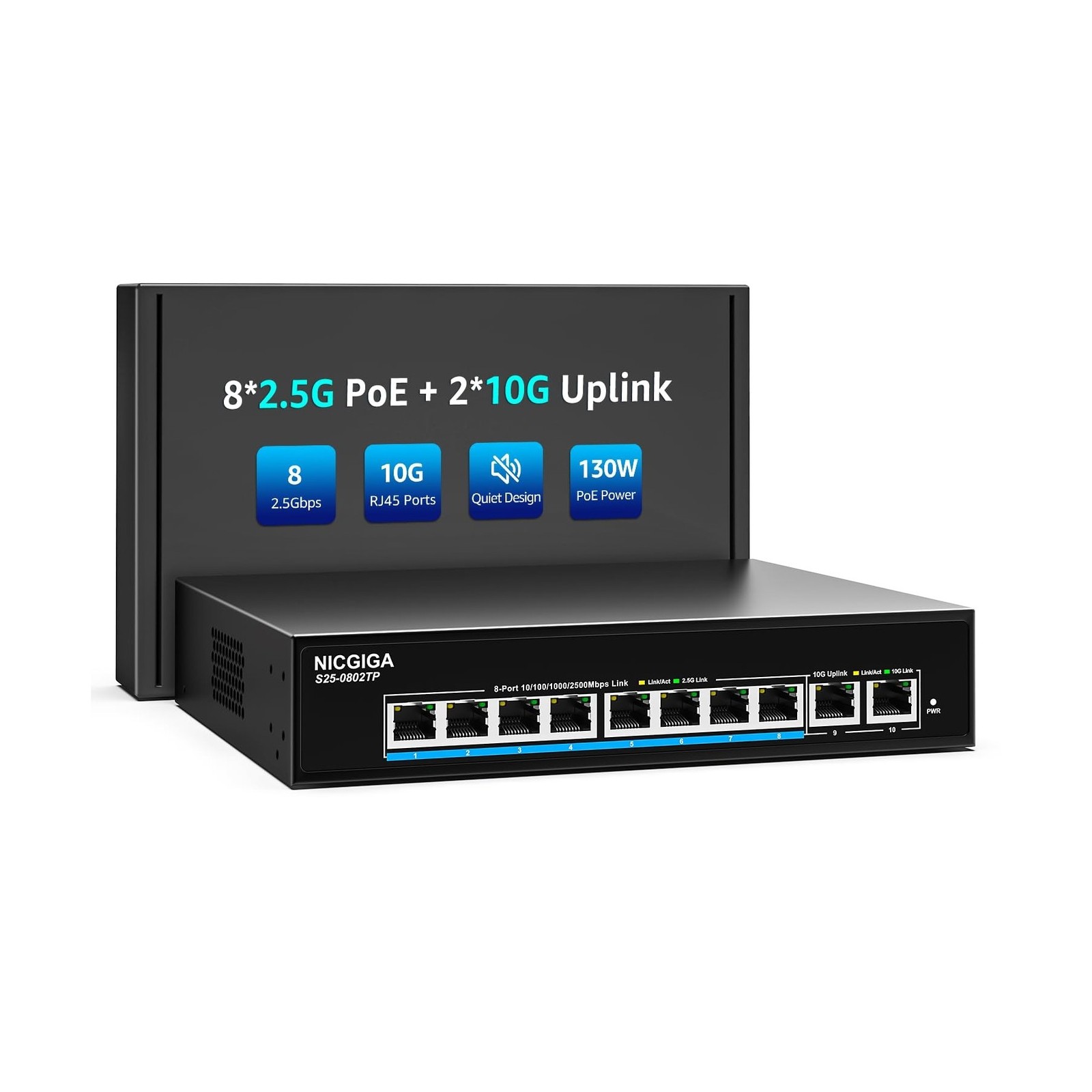 8 Port 2.5Gb PoE (130W) + 2 Port 10Gb RJ45 Network Switch Unmanaged, NICGIGA ...