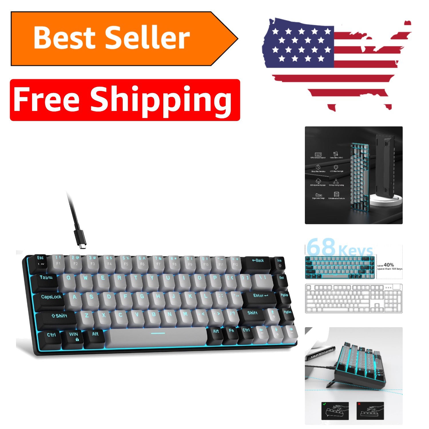 Portable 60% Mechanical Gaming Keyboard with Blue LED & Compact Design