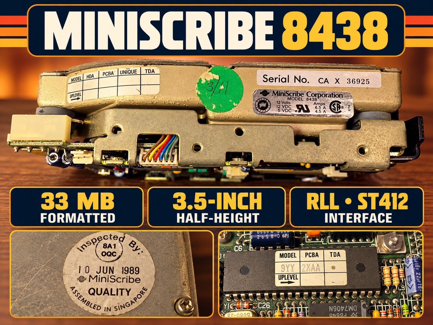 MiniScribe 8438 33MB 3.5" Half-Height RLL ST412 Vintage Hard Drive